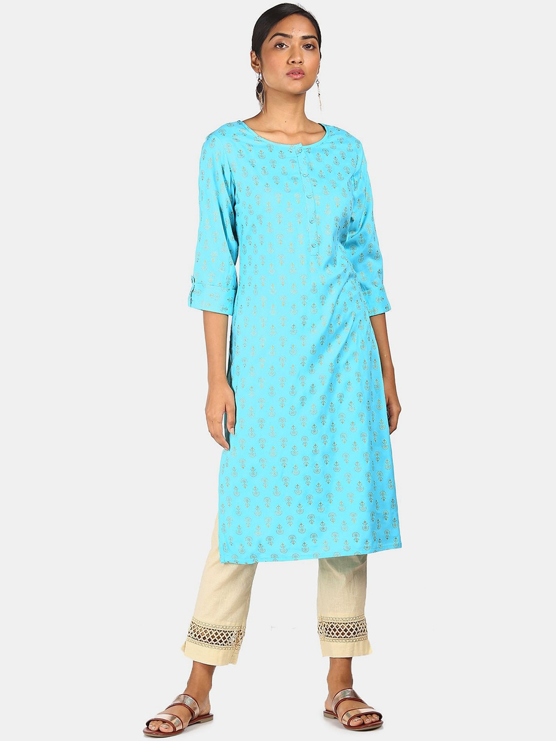 

Karigari Women Blue Floral Printed Kurta
