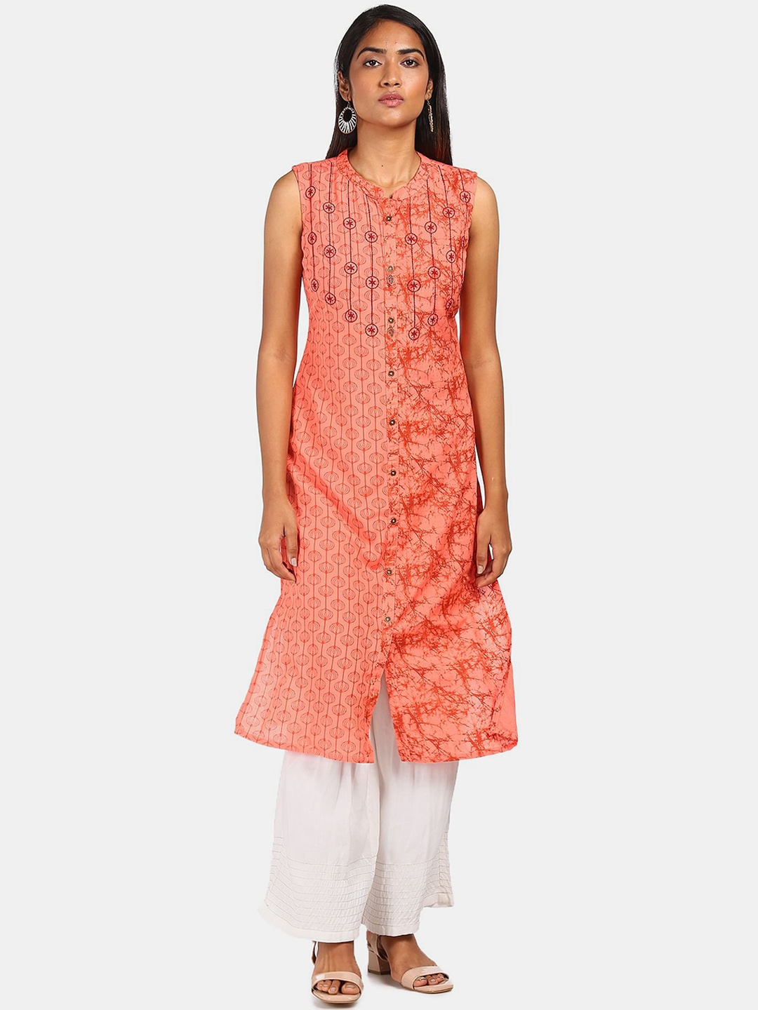 

Karigari Women Peach-Coloured Floral Printed Kurta