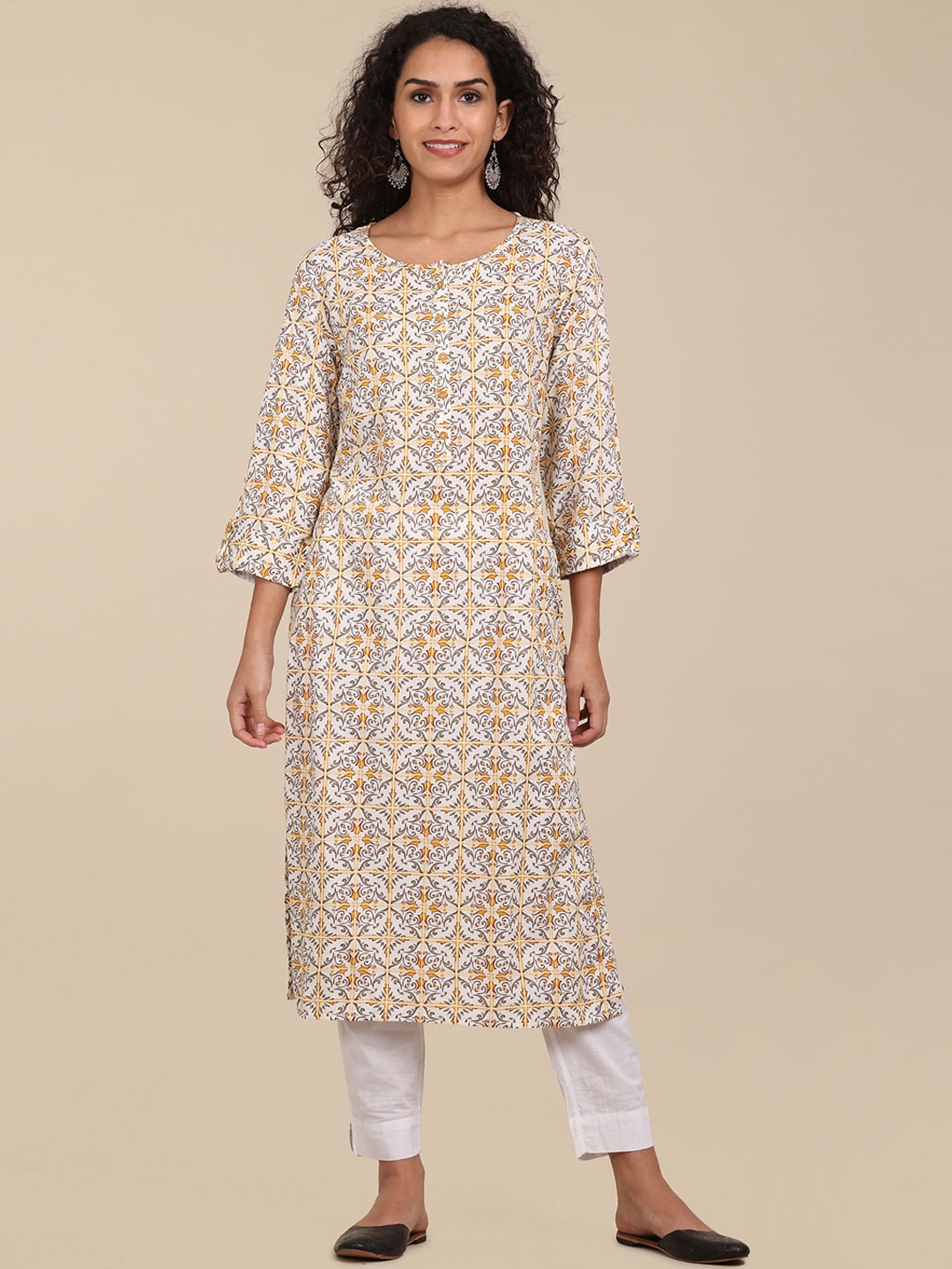 

Karigari Women White Ethnic Motifs Printed Kurta