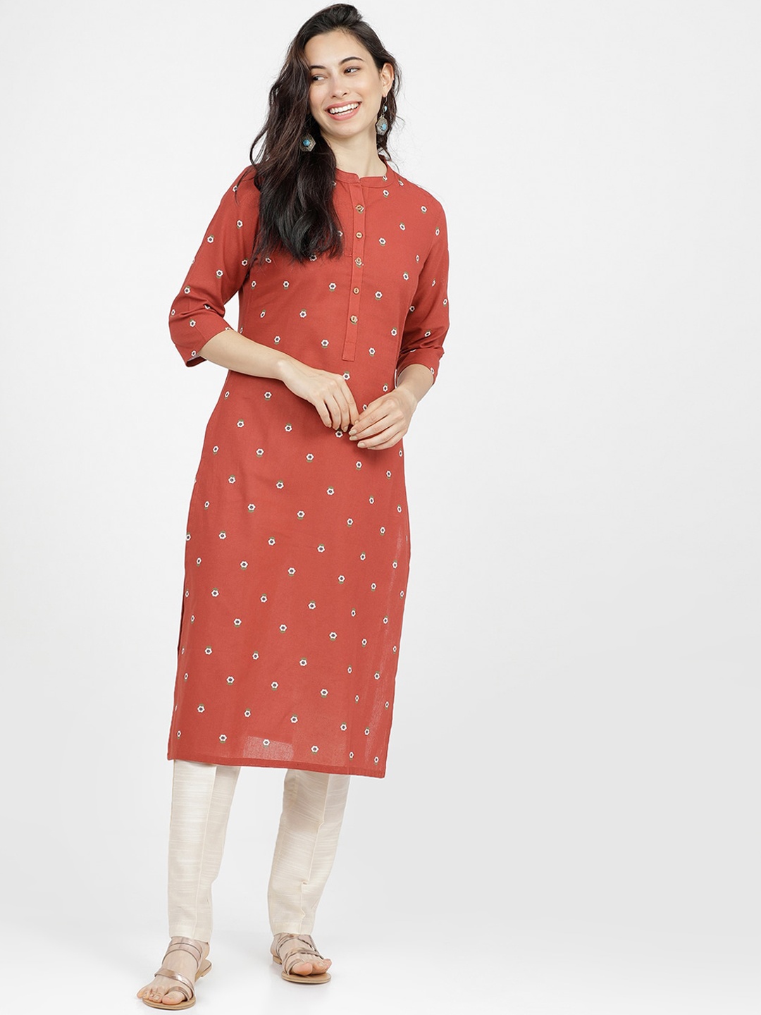 

Vishudh Women Rust Floral Printed Straight Kurta