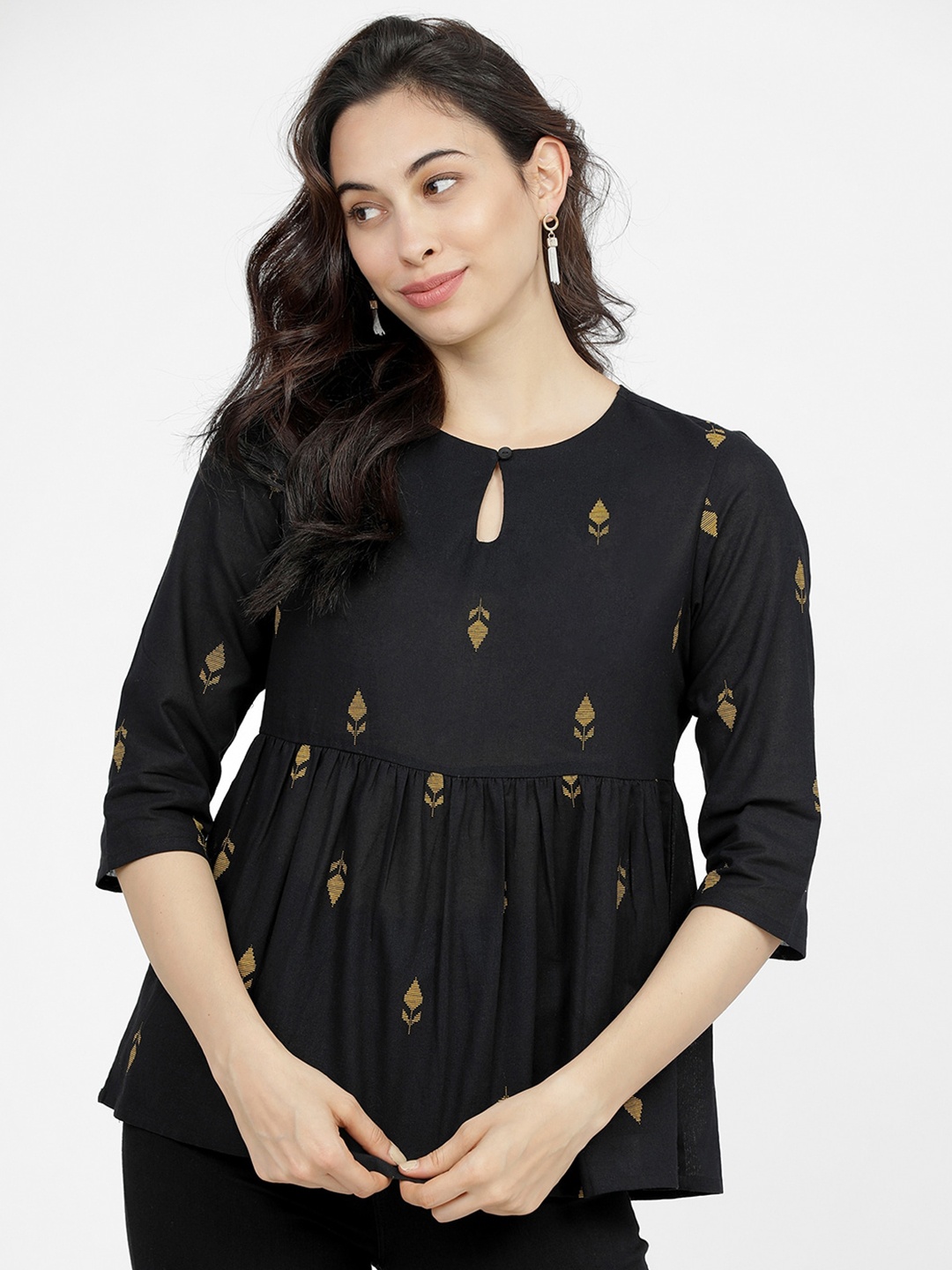 

Vishudh Black & Gold Ethnic Motifs Printed Keyhole Neck Pure Cotton Empire Top