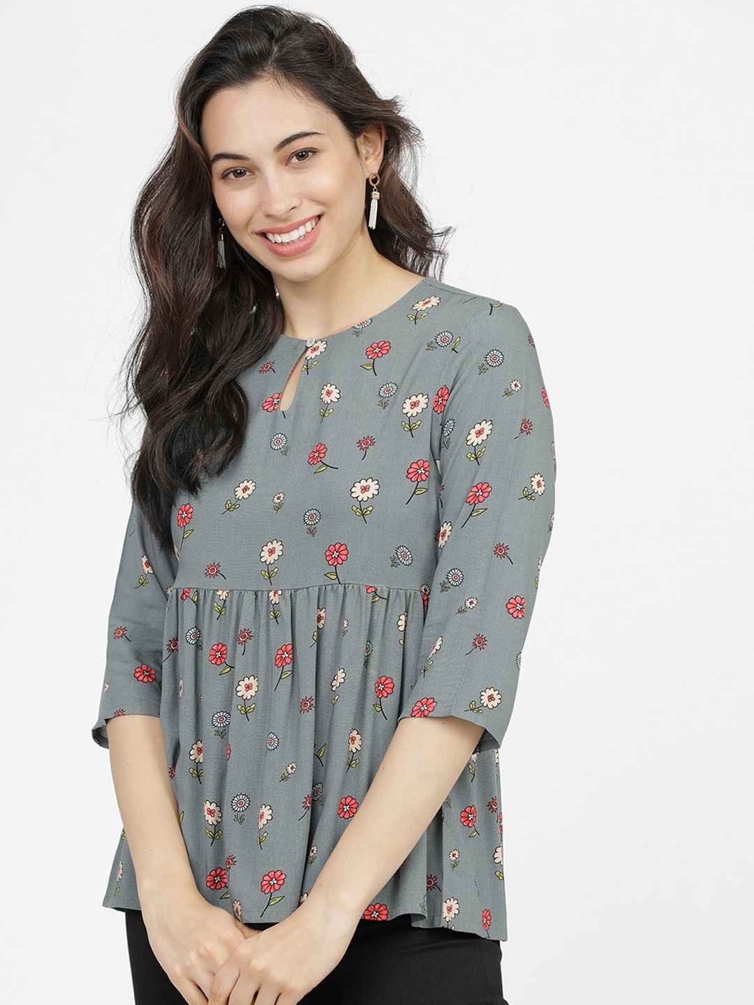 

Vishudh Grey & Red Floral Printed Keyhole Neck Empire Top
