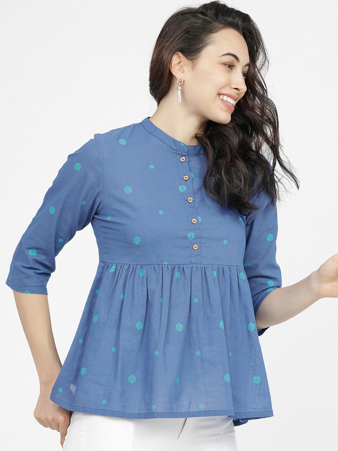 

Vishudh Blue & Green Geometric Printed Mandarin Collar Pure Cotton Empire Top