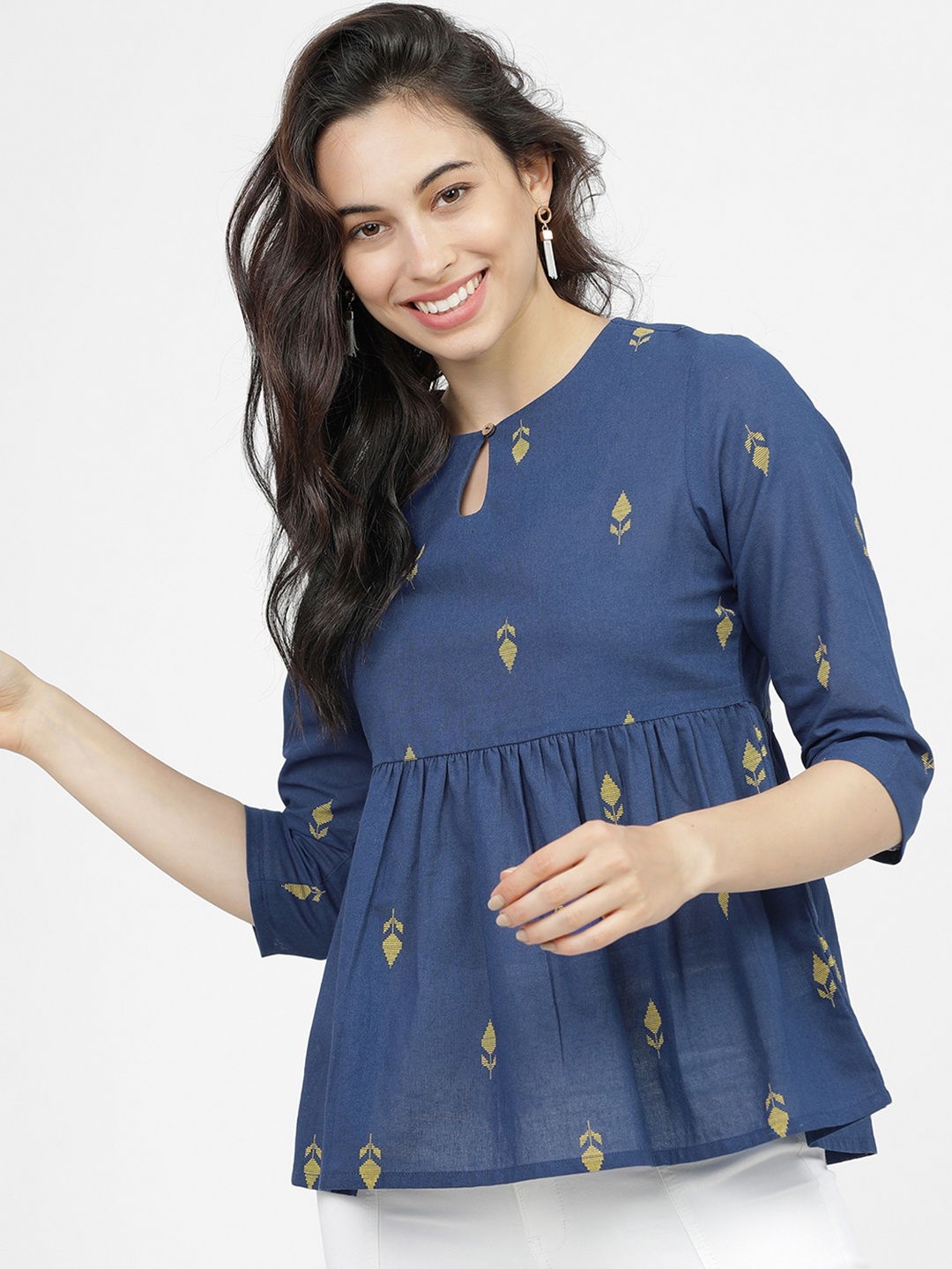 

Vishudh Blue & Beige Ethnic Motifs Printed Pure Cotton Keyhole Neck Empire Top