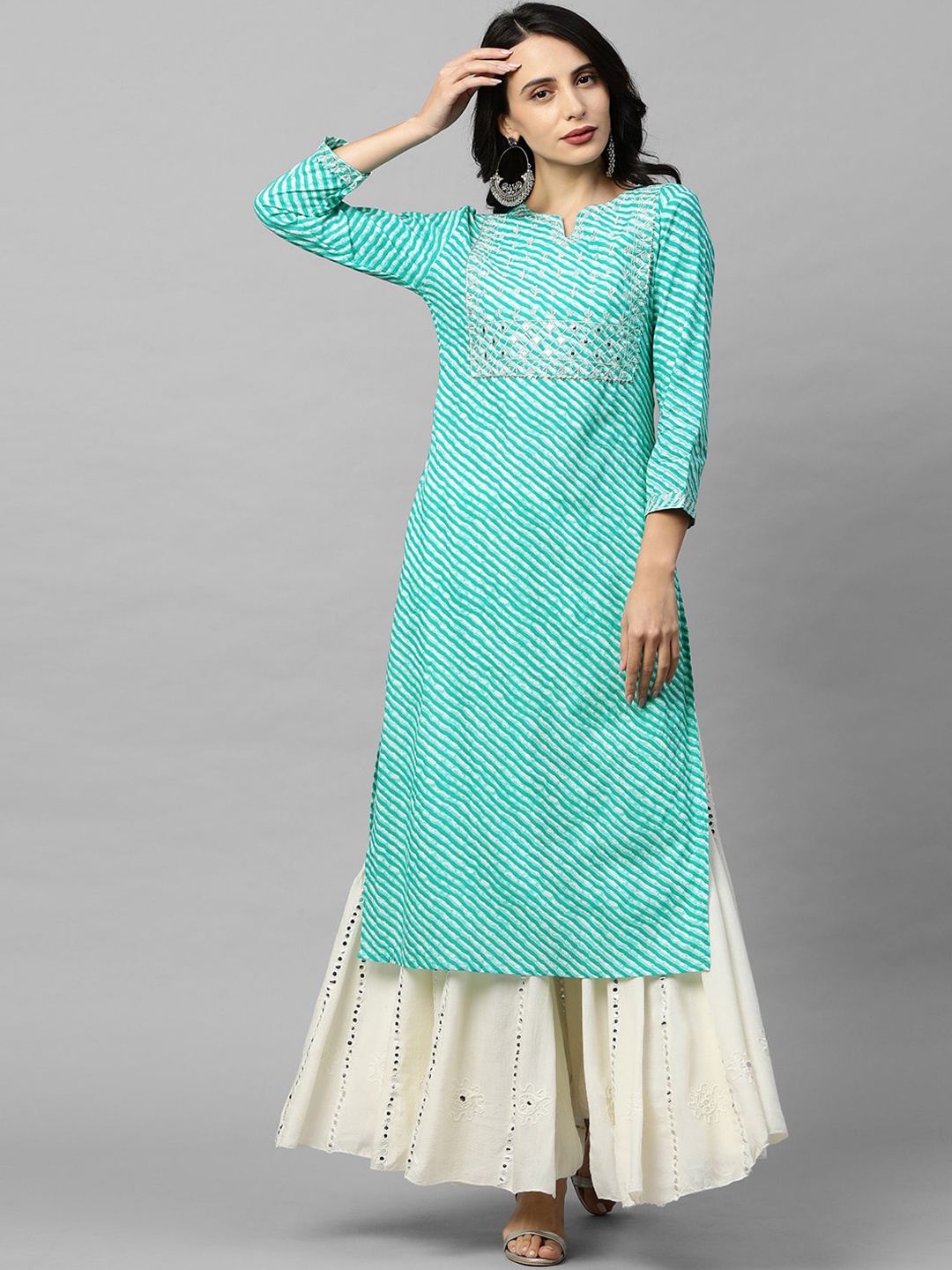 

FASHOR Women Sea Green Leheriya Printed Kurta