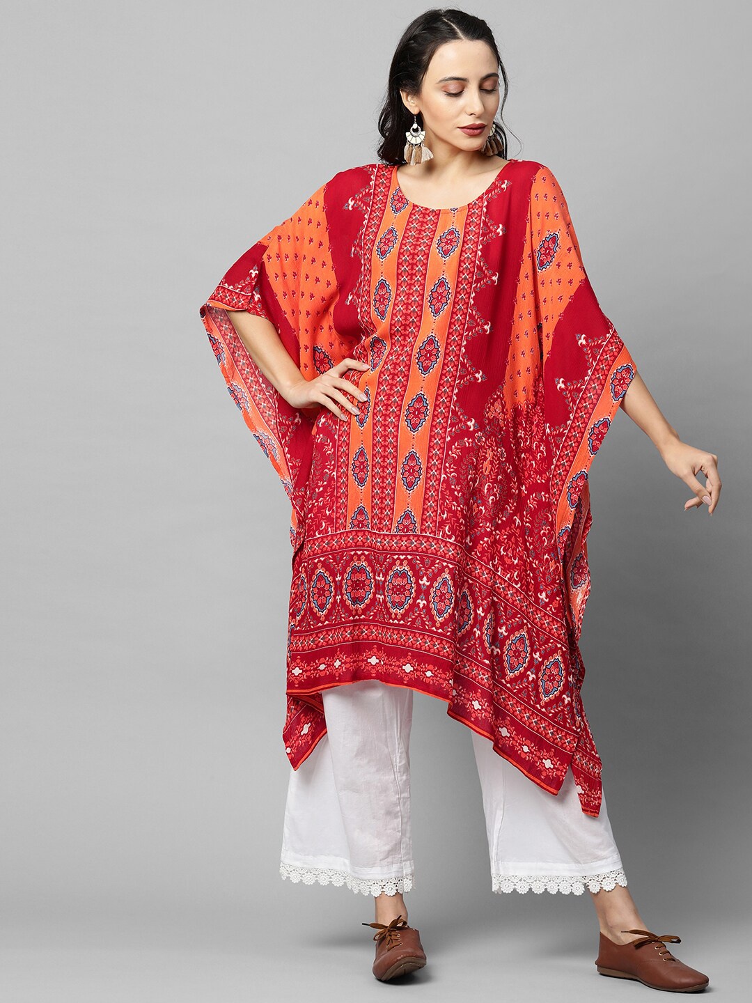 

FASHOR Red & Orange Ethnic Motifs Printed Flared Sleeves Kaftan Kurti