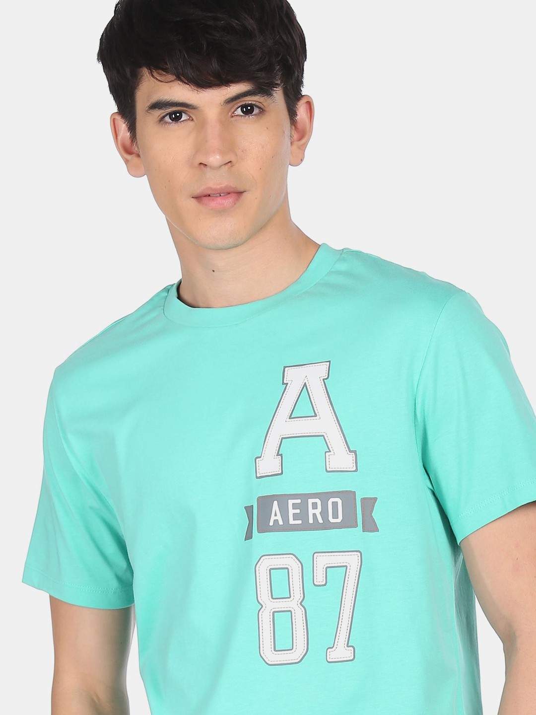 Aeropostale Men Turquoise Blue & White Typography Printed Cotton T-shirt