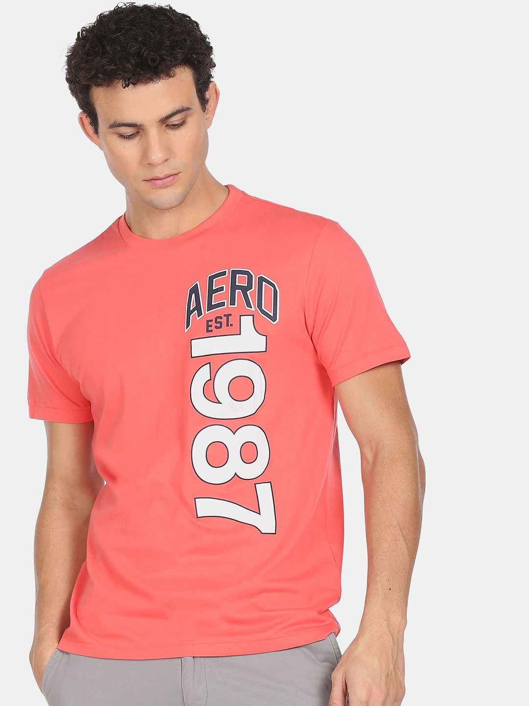 

Aeropostale Men Peach-Coloured & White Typography Printed Cotton T-shirt
