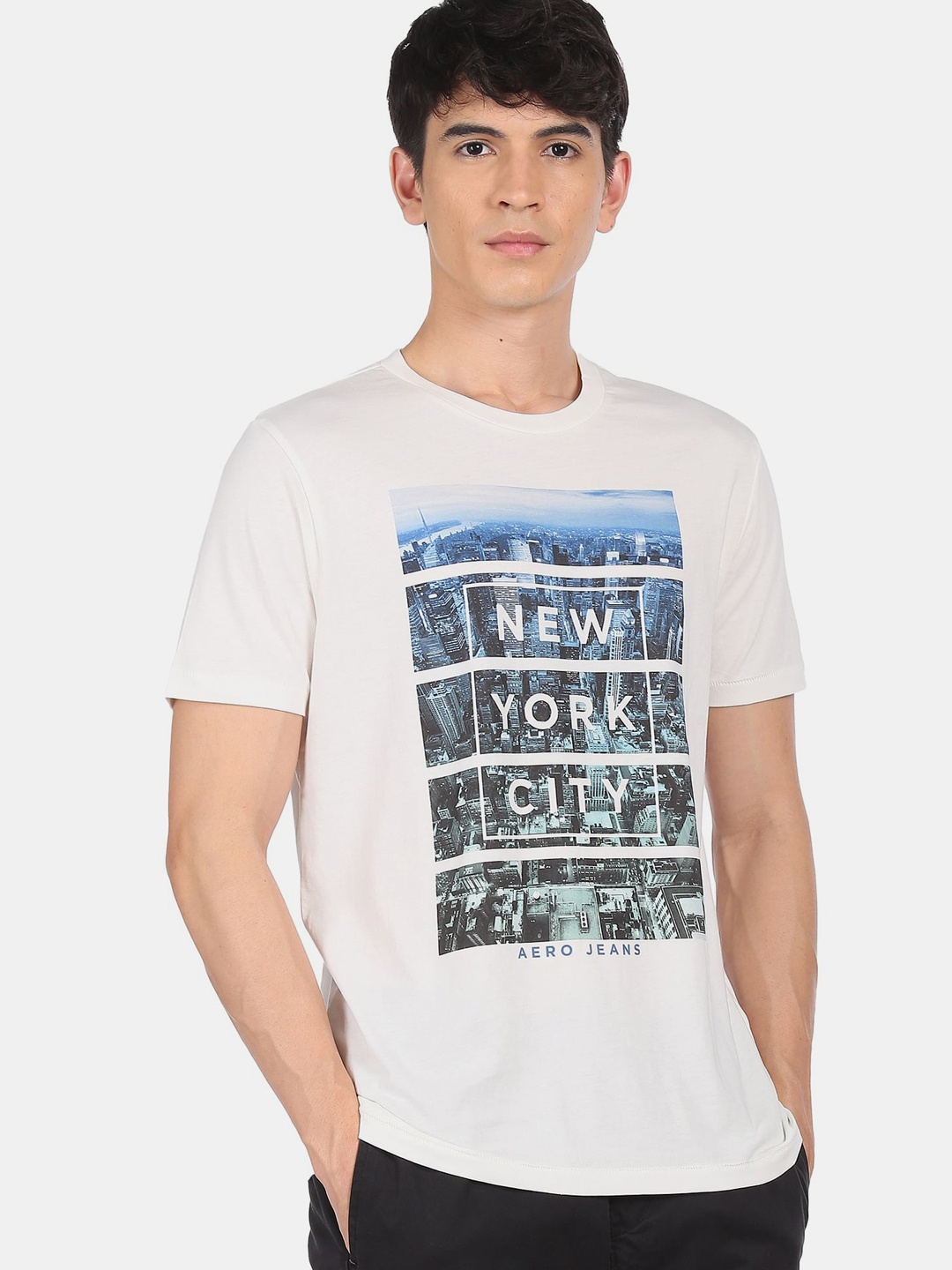 

Aeropostale Men White & Blue Printed Cotton T-shirt