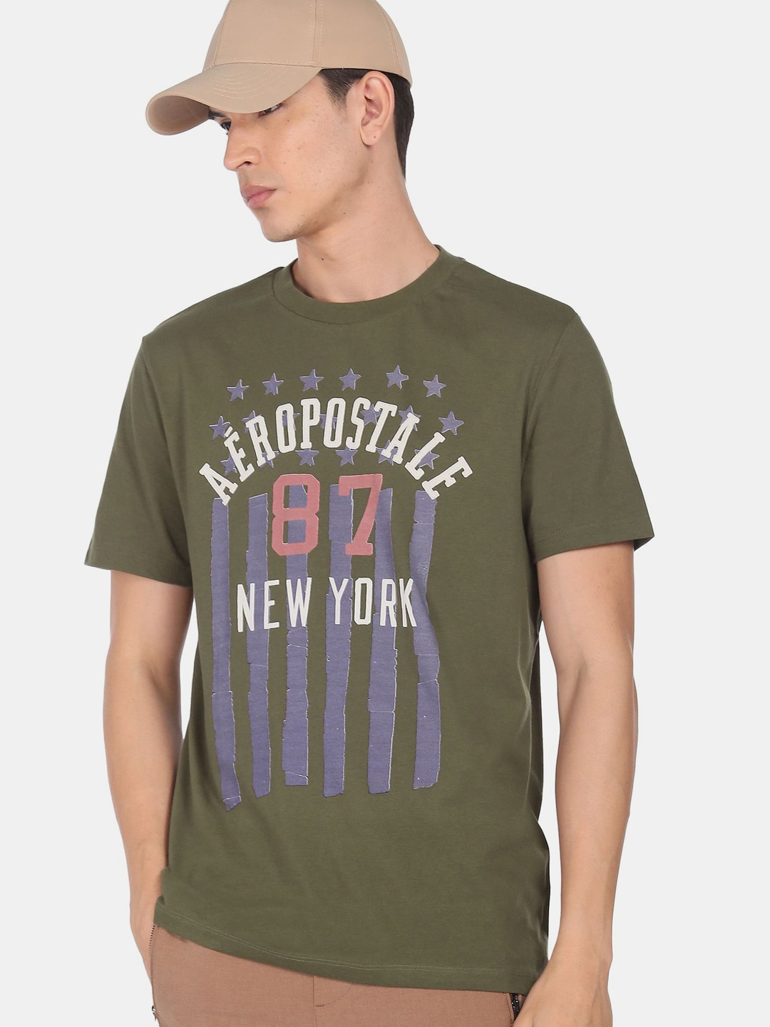 

Aeropostale Men Olive Green & White Typography Printed Cotton T-shirt