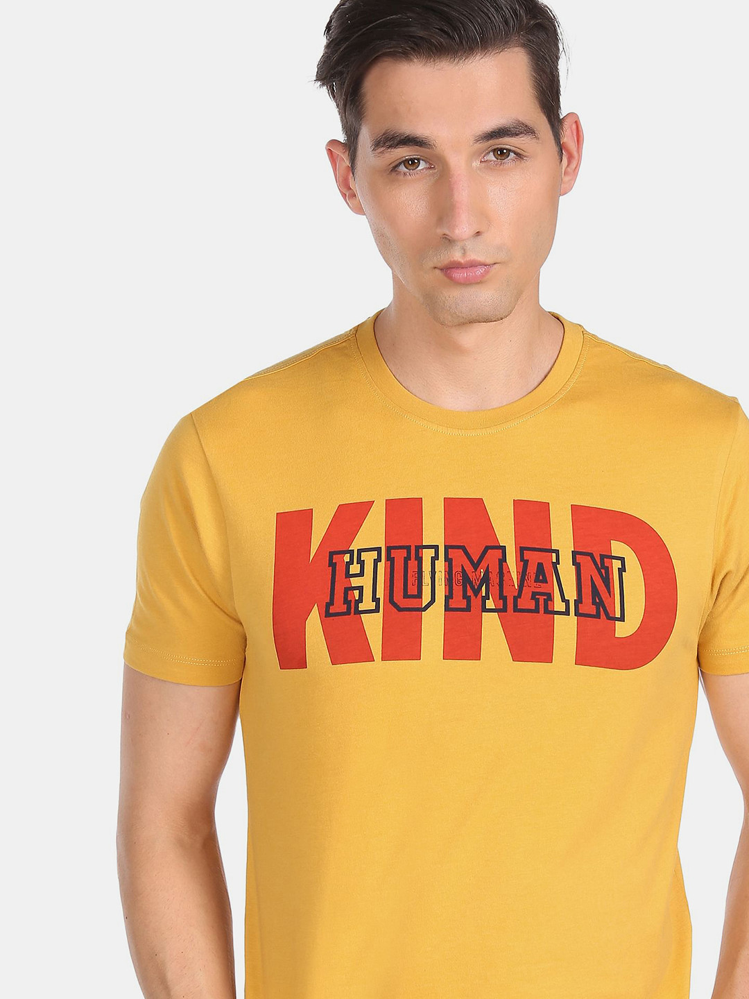 

Flying Machine Men Mustard Yellow & Red Typography Colorblocked T-shirt