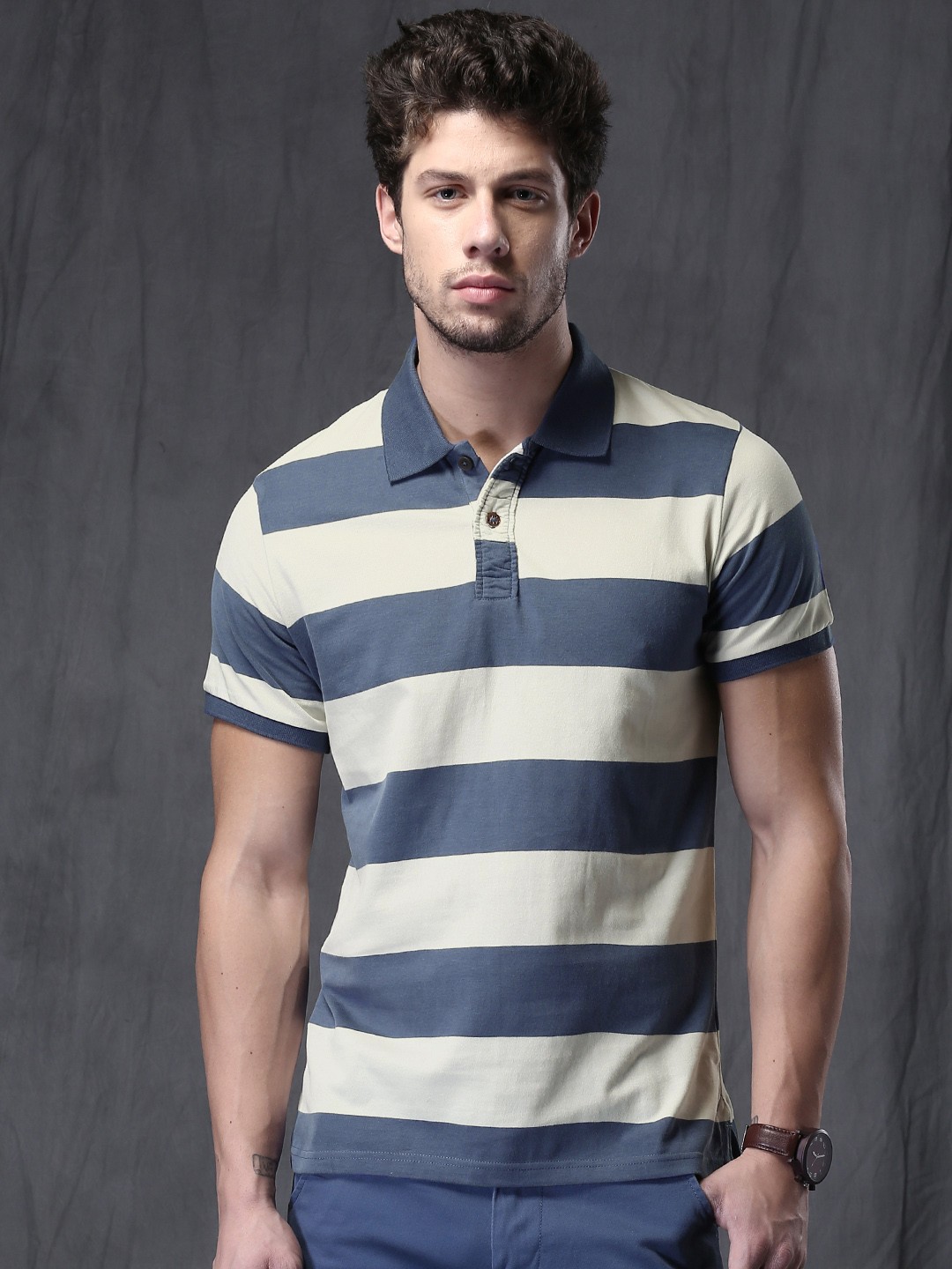 

WROGN Men White & Blue Striped Polo T-shirt