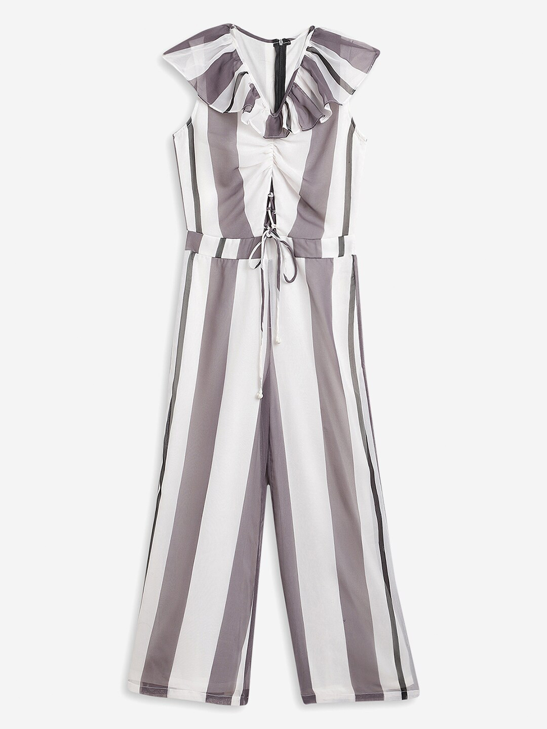 

Stuffie Land Girls Grey & White Striped Basic Jumpsuit with Ruffles