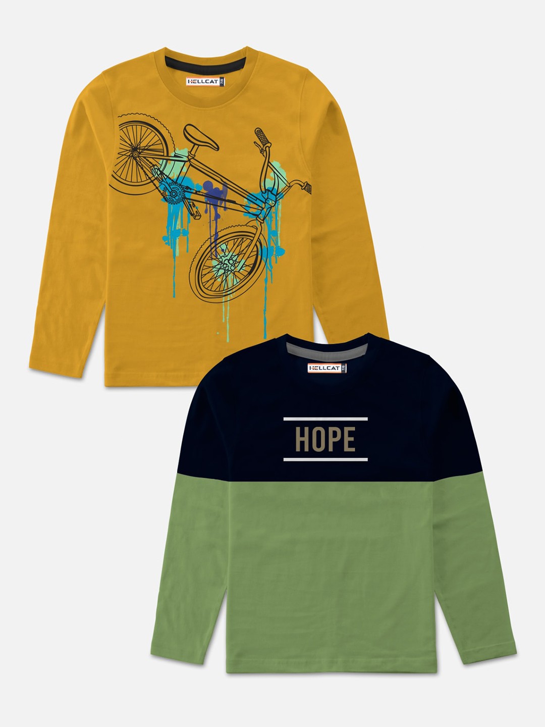 

HELLCAT Boys Pack of 2 Green and Yellow Full Sleeves T-shirts