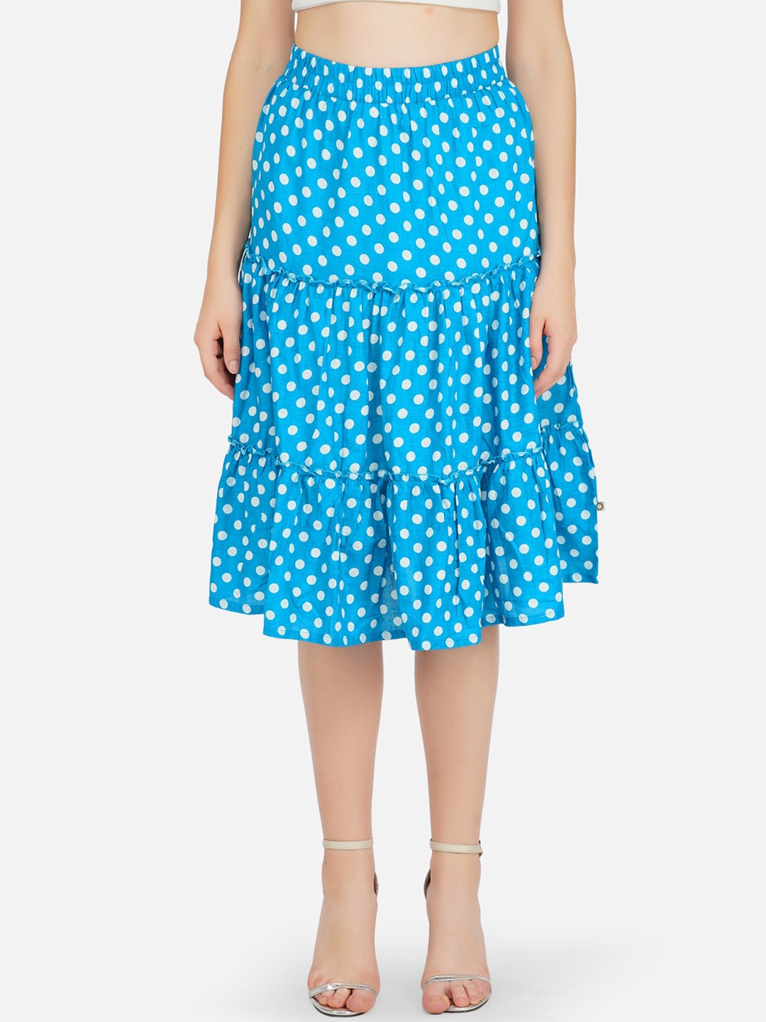 

FABNEST Blue & White Polka Dots Printed Tiered Pure Cotton Knee Length Skirt