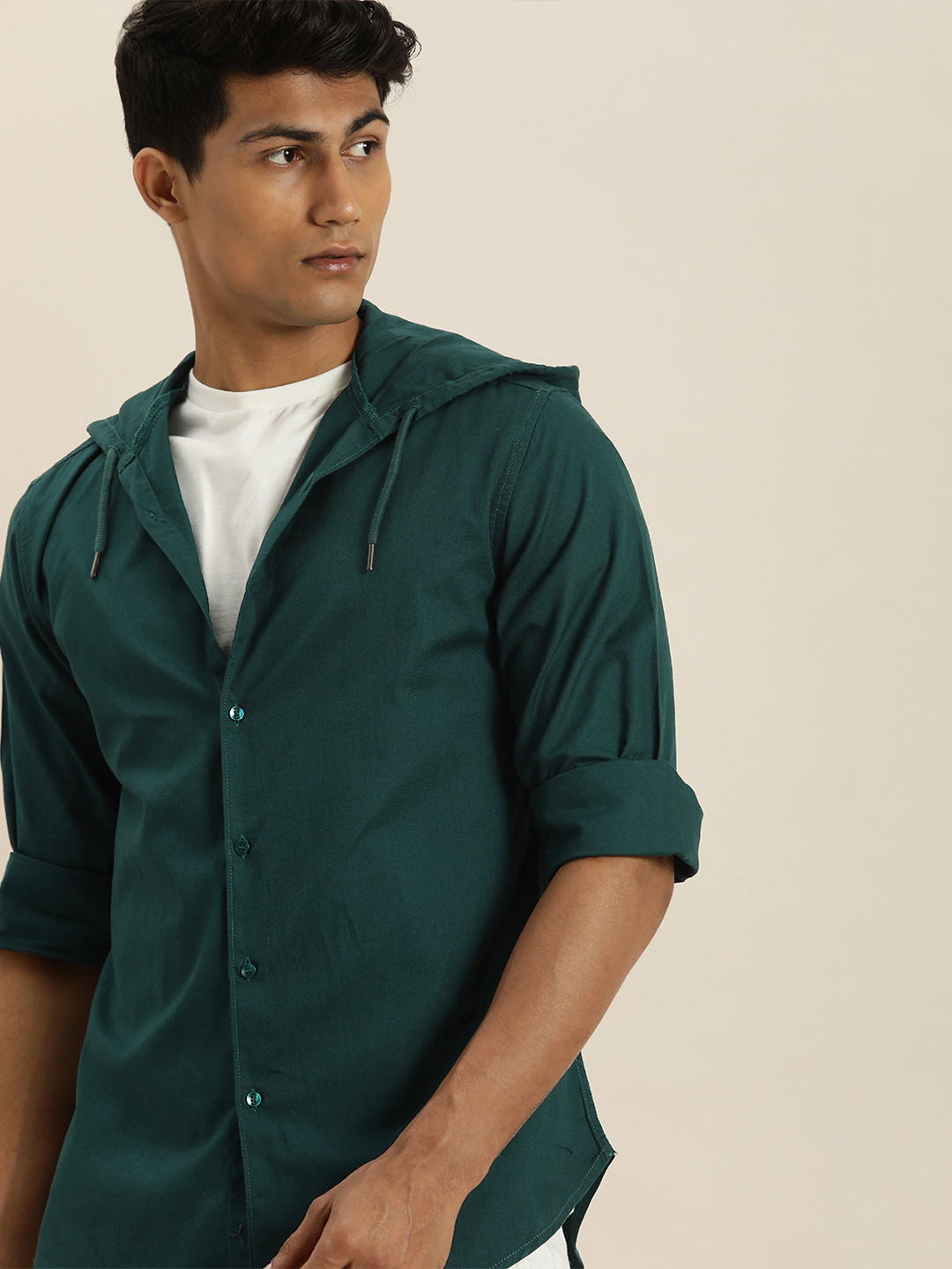 

ether Men Teal Green Solid Hooded Casual Shirt