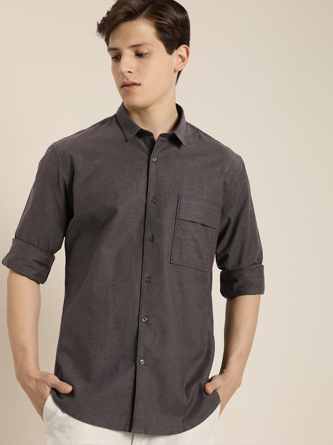 

ether Men Grey Solid Pure Cotton Casual Shirt
