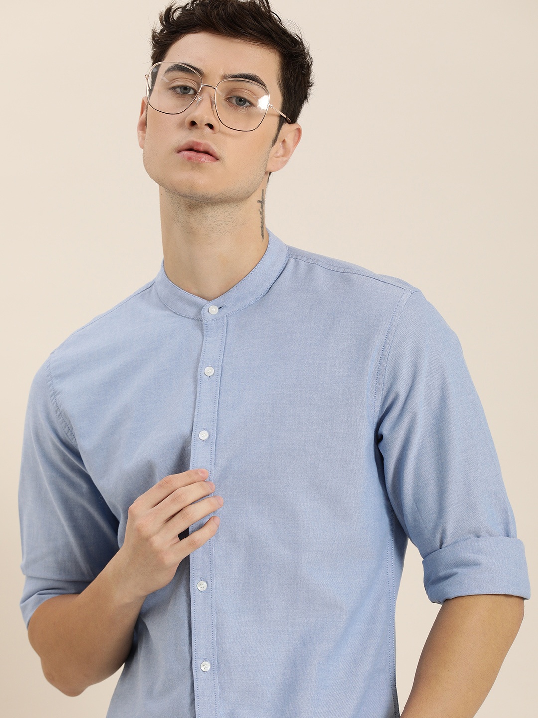 

ether Men Blue Solid Mandarin Collar Pure Cotton Oxford Casual Shirt