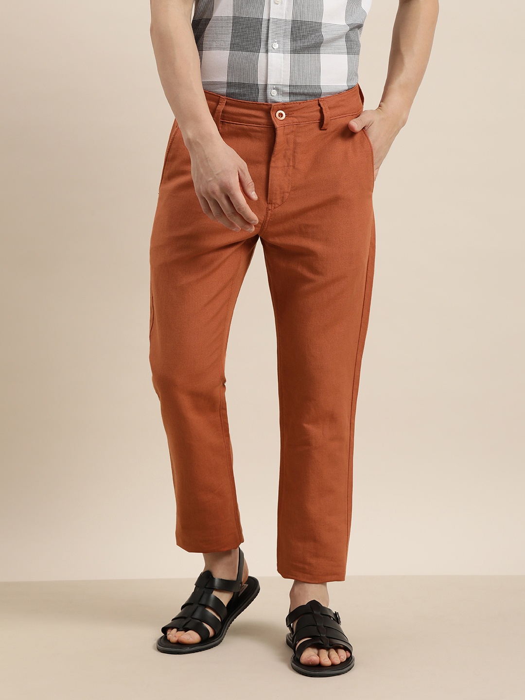 

ether Men Rust Orange Solid Linen Cotton Trousers