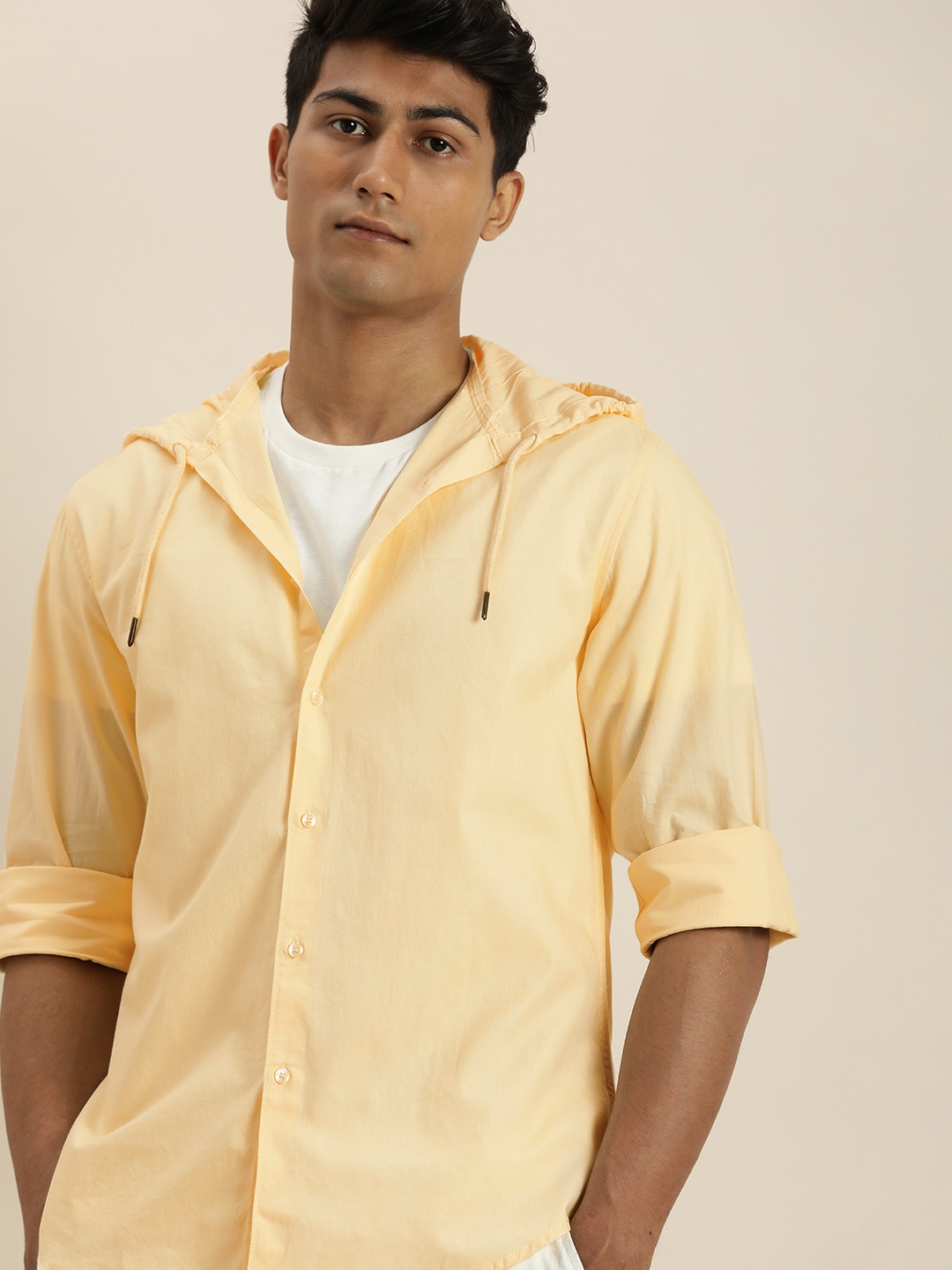 

ether Men Light Yellow Solid Hooded Casual Shirt