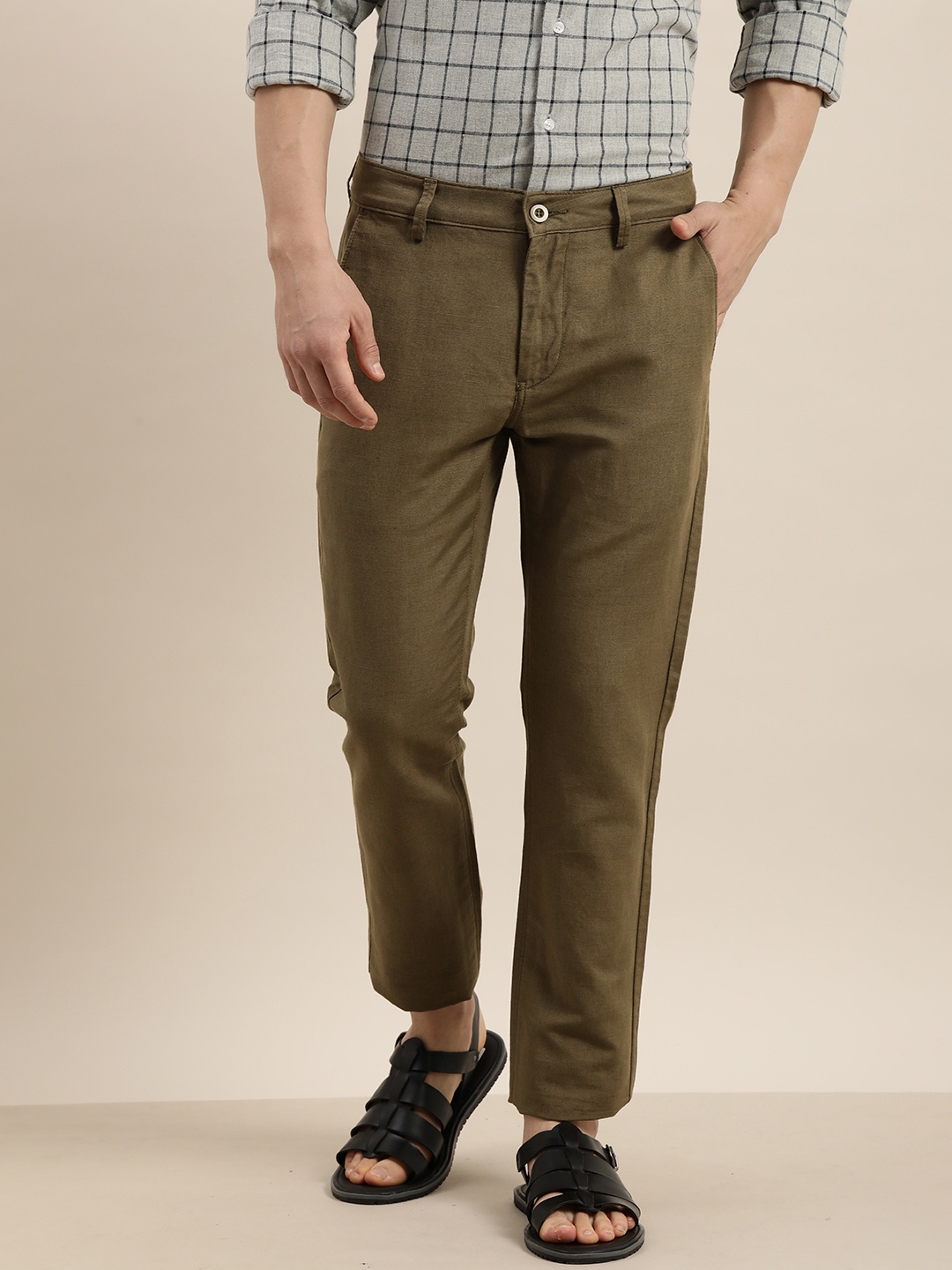 

ether Men Olive Green Solid Linen Cotton Trousers