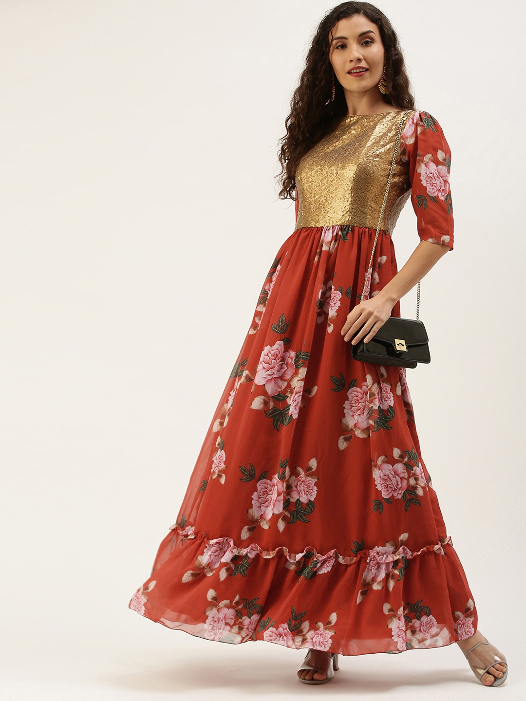 

Ethnovog Rust Orange Gold-Toned Floral Layered Flared Hem Georgette Maxi Dress