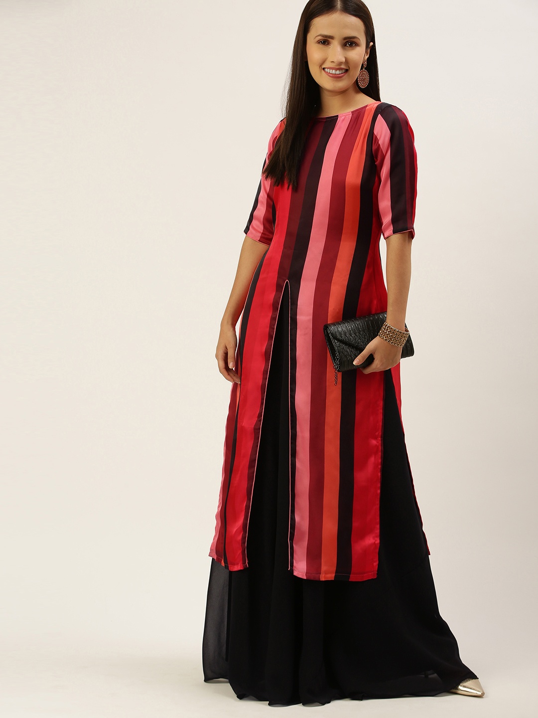

Ethnovog Women Multicoloured Striped Regular Kurta with Skirt, Multi