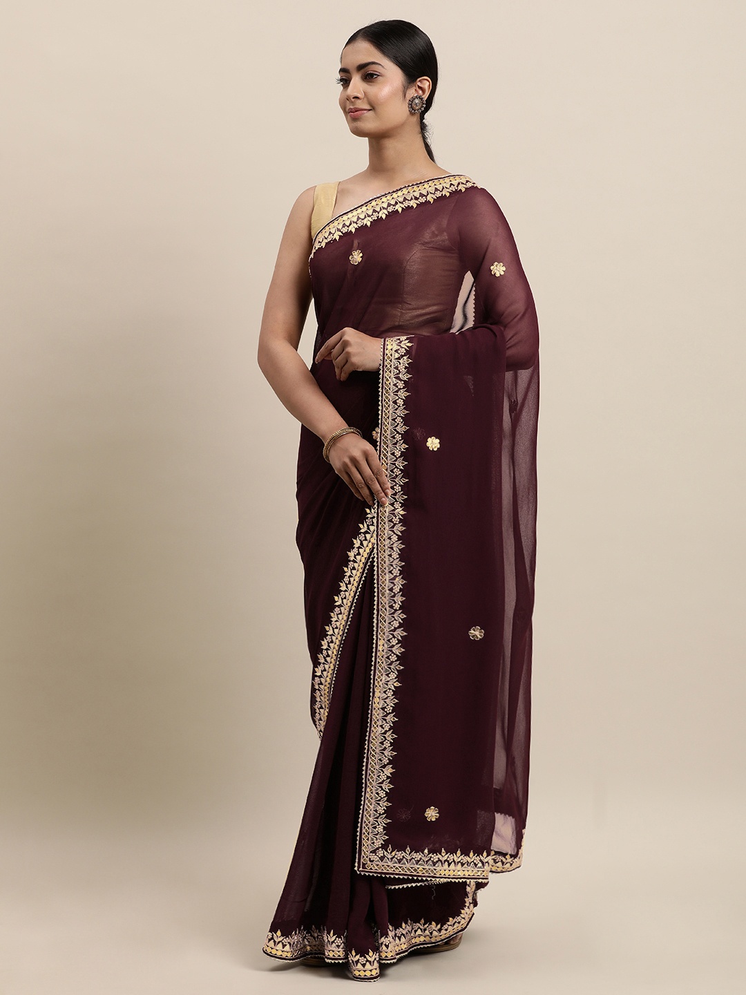 

Geroo Jaipur Brown Embellished Gotta Patti Pure Georgette Saree