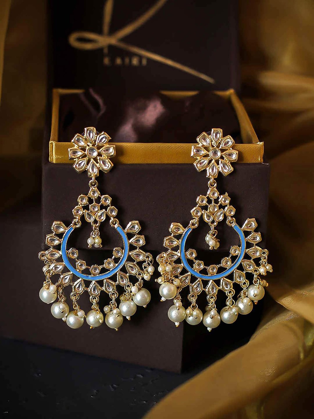 

Bellofox Gold Plated Blue & White Floral Chandbalis Earrings