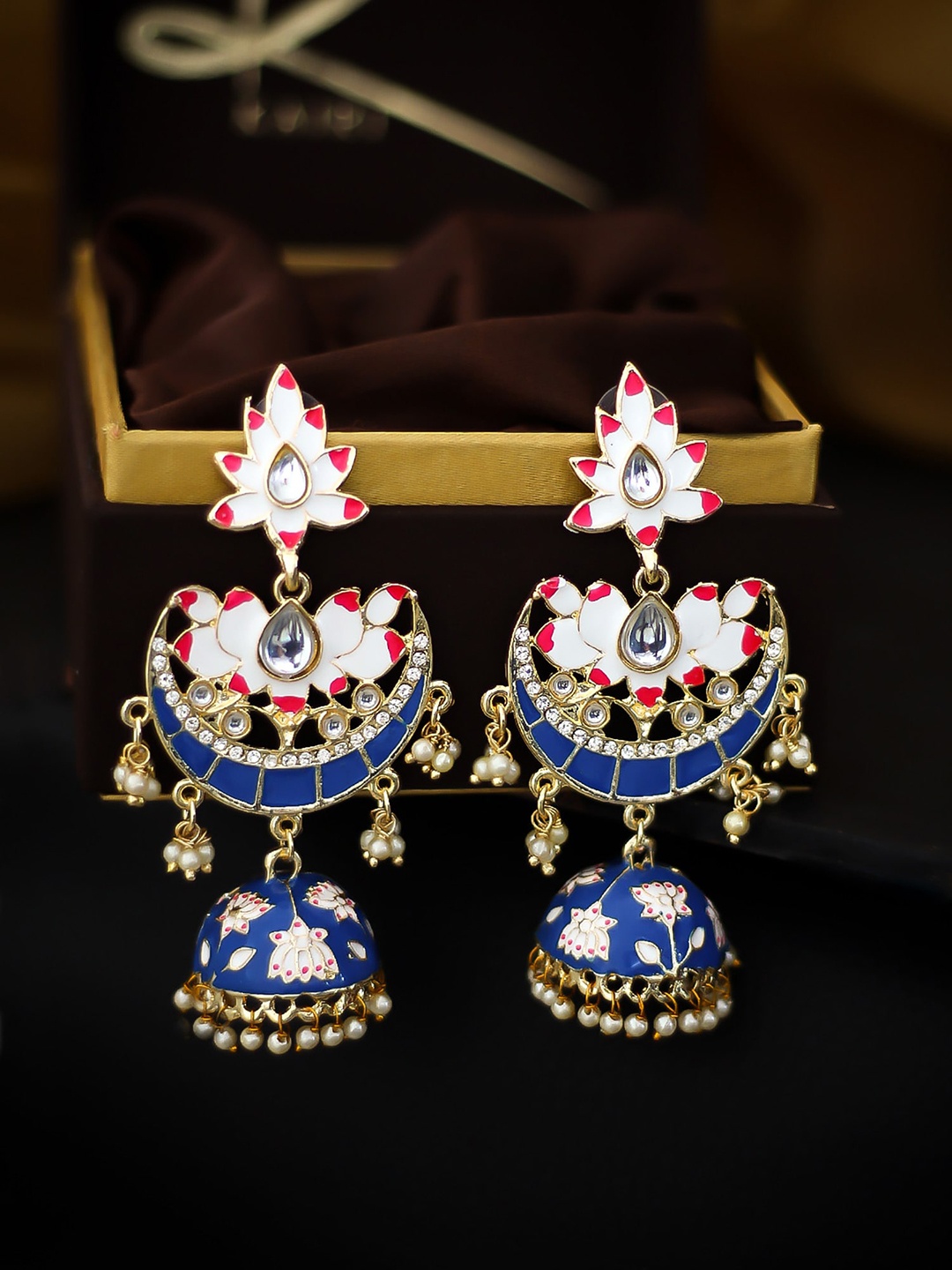 

Bellofox Gold Plated Blue & White Dome Shaped Jhumkas Earrings