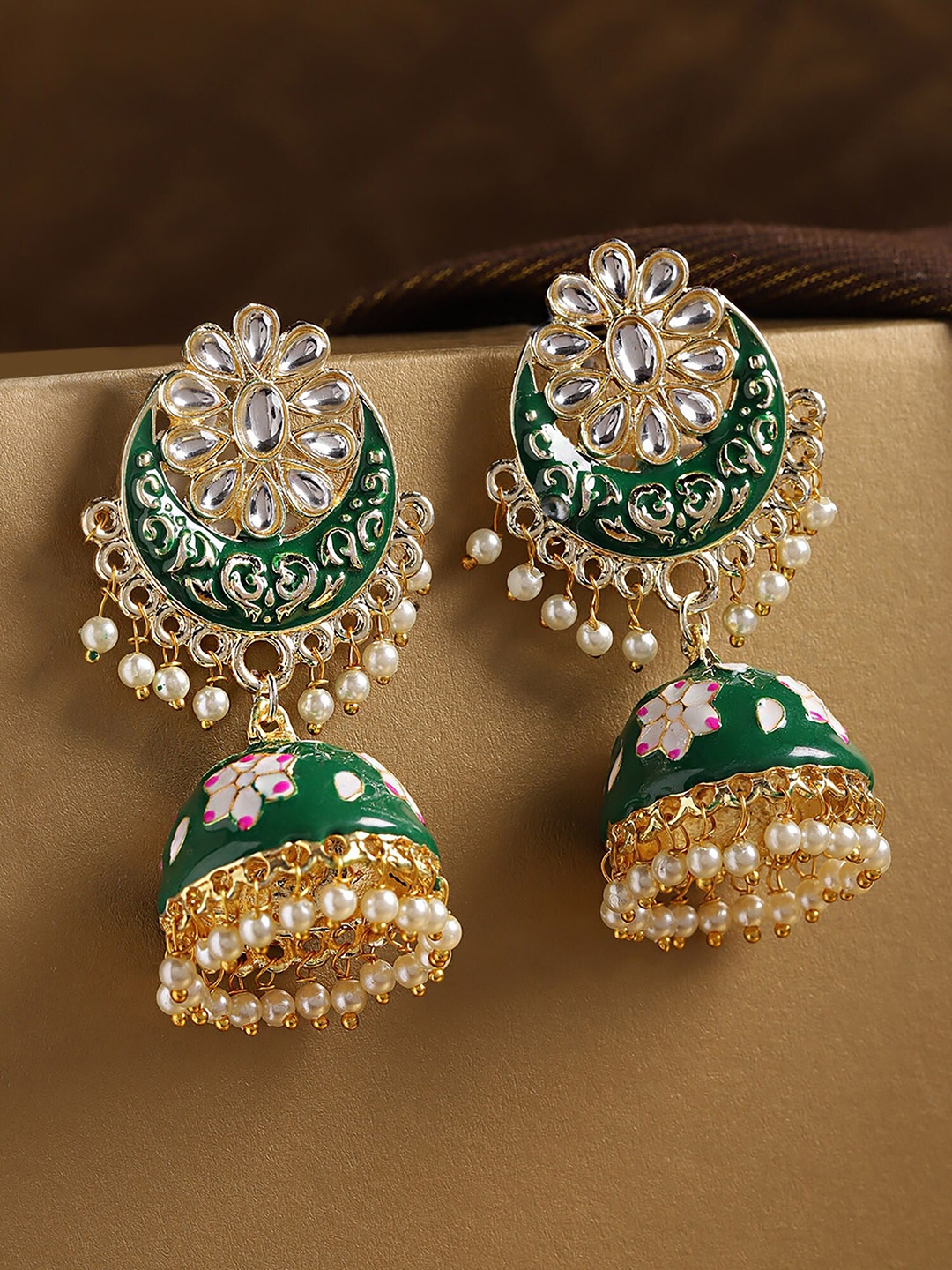 

Bellofox Green Gold-Plated Contemporary Jhumkas Earrings