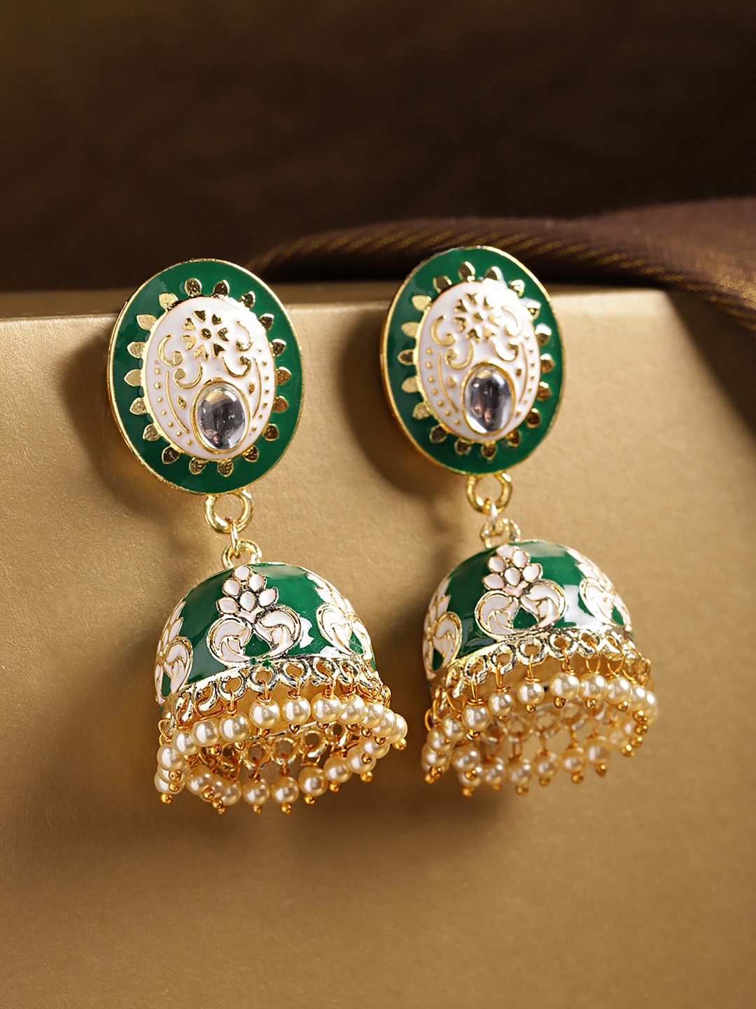 

Bellofox Green & White Contemporary Meenakari Jhumkas Earrings