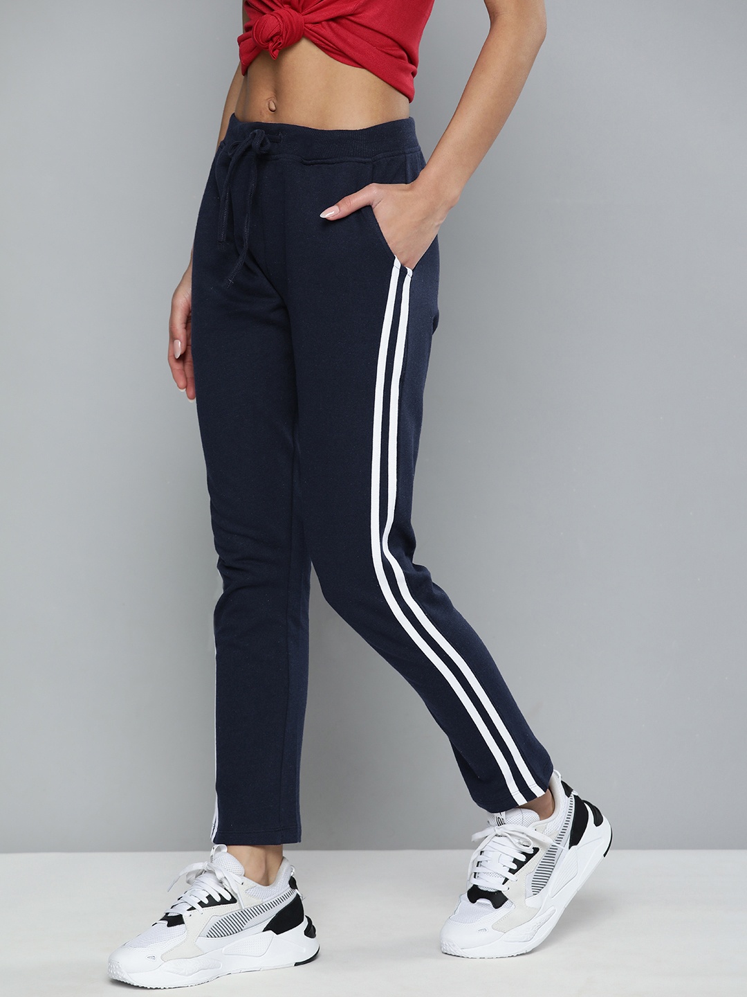 

Harvard Women Navy Blue Solid Regular Fit Mid Rise Track Pants With Side Stripes