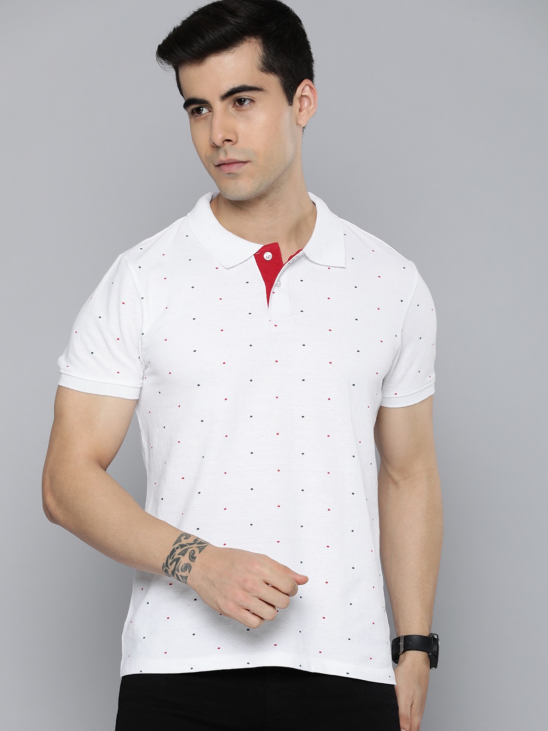 

Harvard Men White & Red Polka Dots Printed Pure Cotton Polo Collar Slim Fit T-shirt