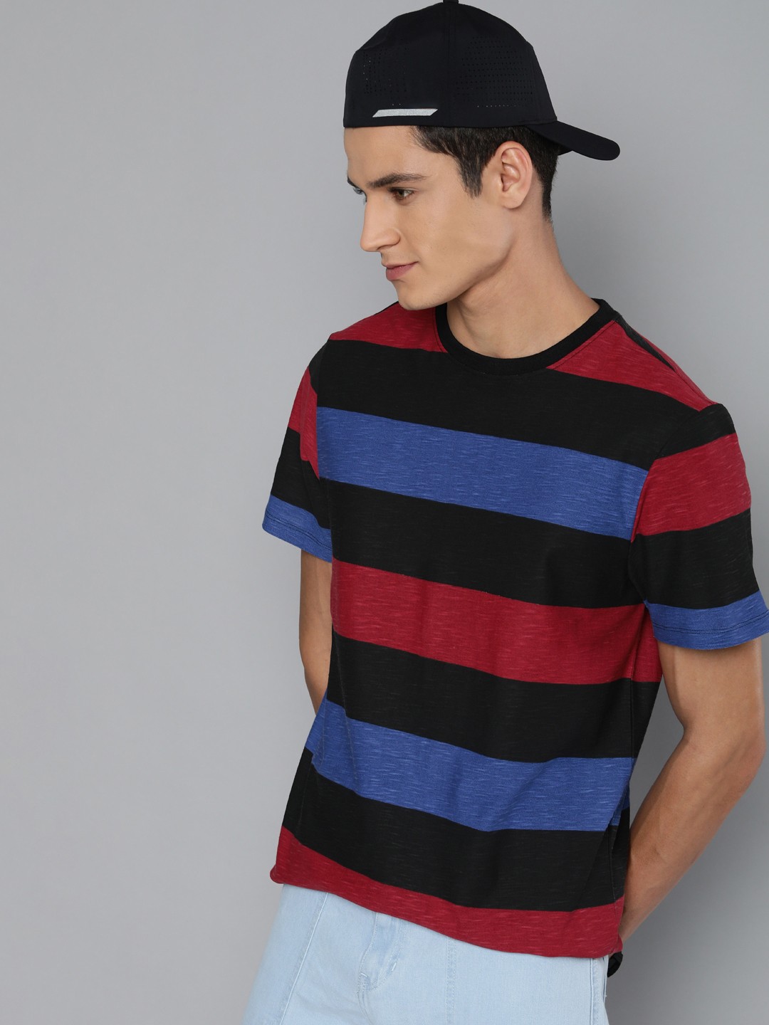 

Harvard Men Black & Blue Striped Pure Cotton T-shirt