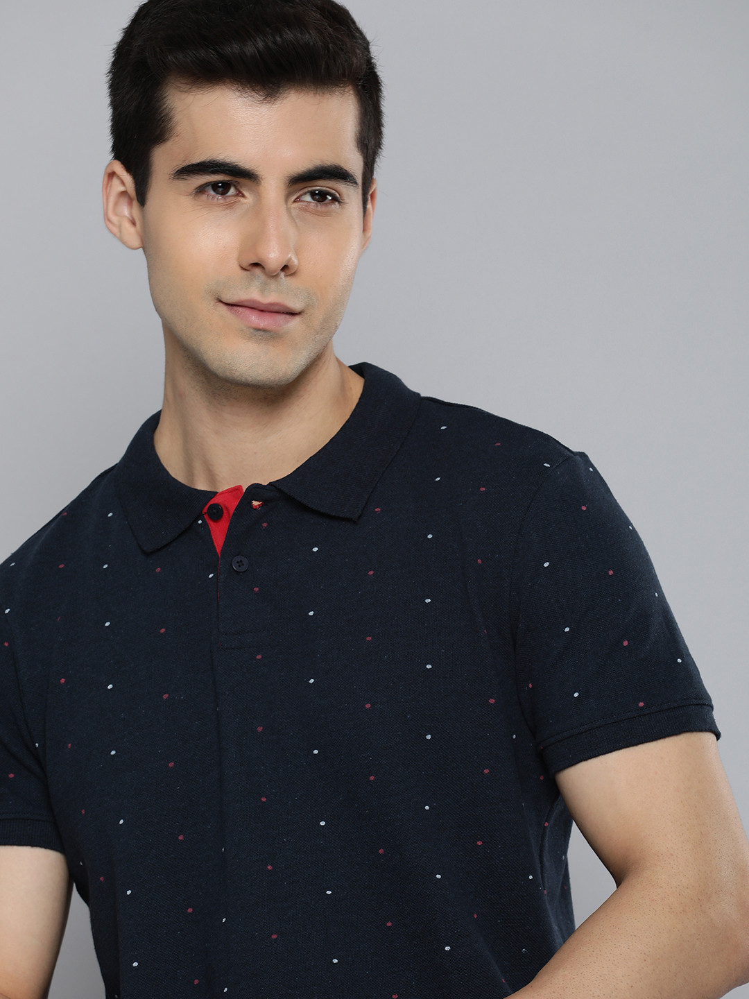 

Harvard Men Navy Blue & Red Polka Dot Printed Pure Cotton Polo Collar Slim Fit T-shirt