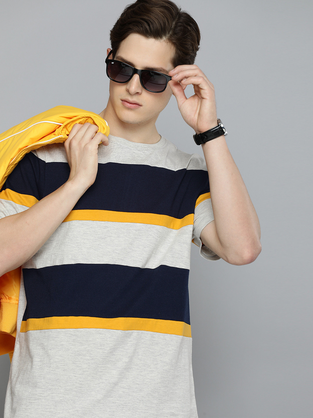 

Harvard Men Grey & Yellow Striped Round Neck Pure Cotton T-shirt