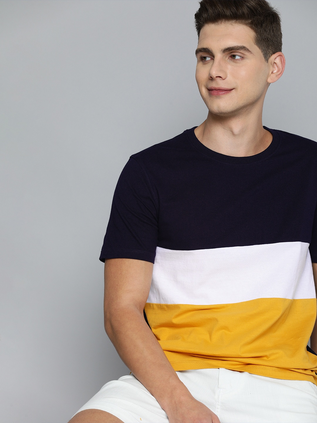 

Harvard Men Black & White & Mustard Yellow Colourblocked Casual T-shirt