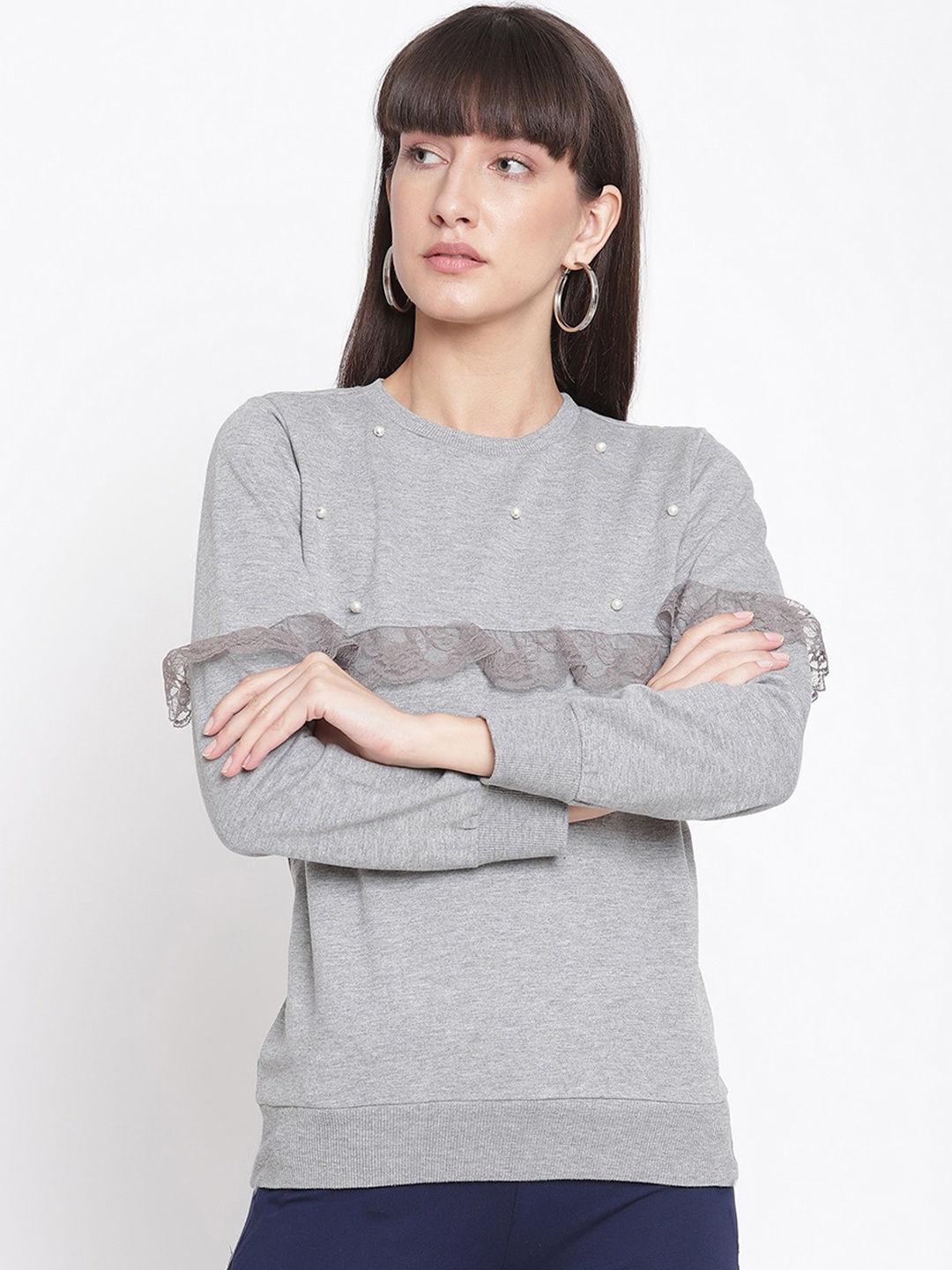 

The Vanca Women Grey Sweatshirt With Pearls