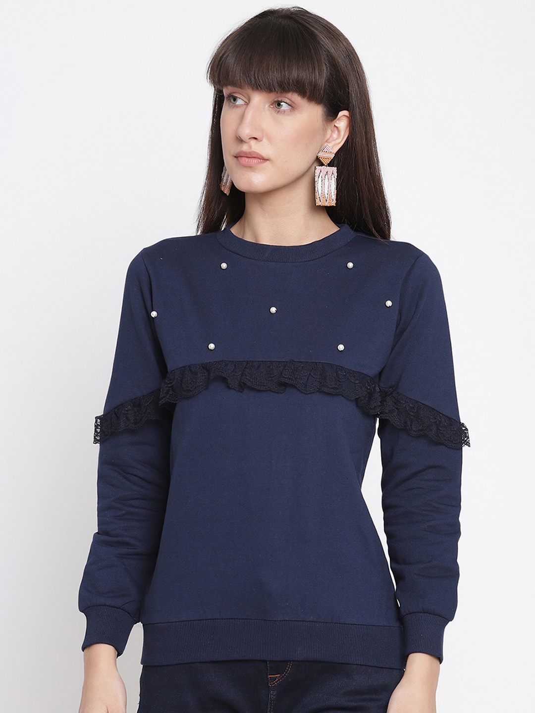 

The Vanca Women Navy Blue Sweatshirt With Pearls