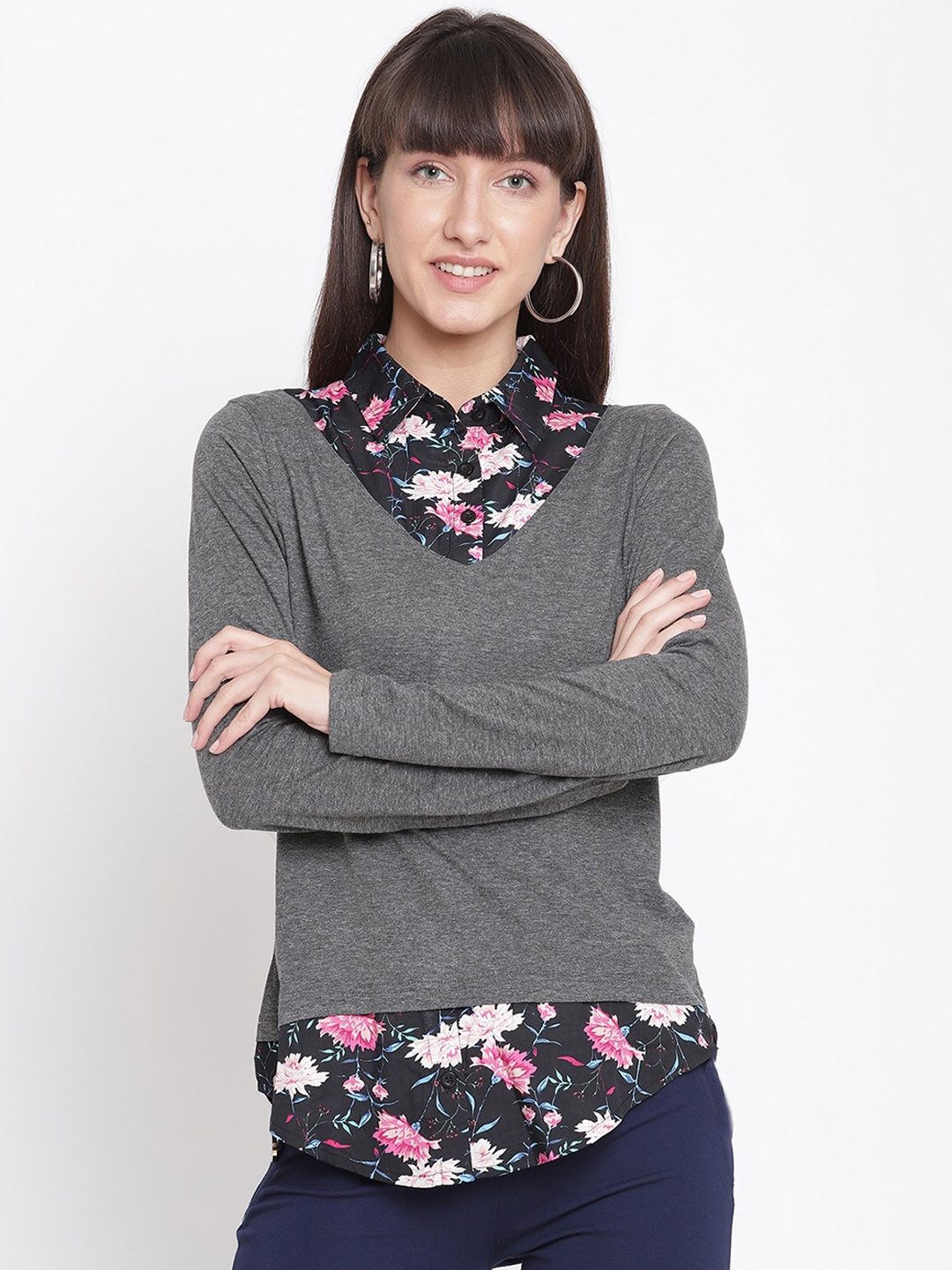 

The Vanca Women Grey Floral Printed Layered Cotton Pullover Sweatshirt