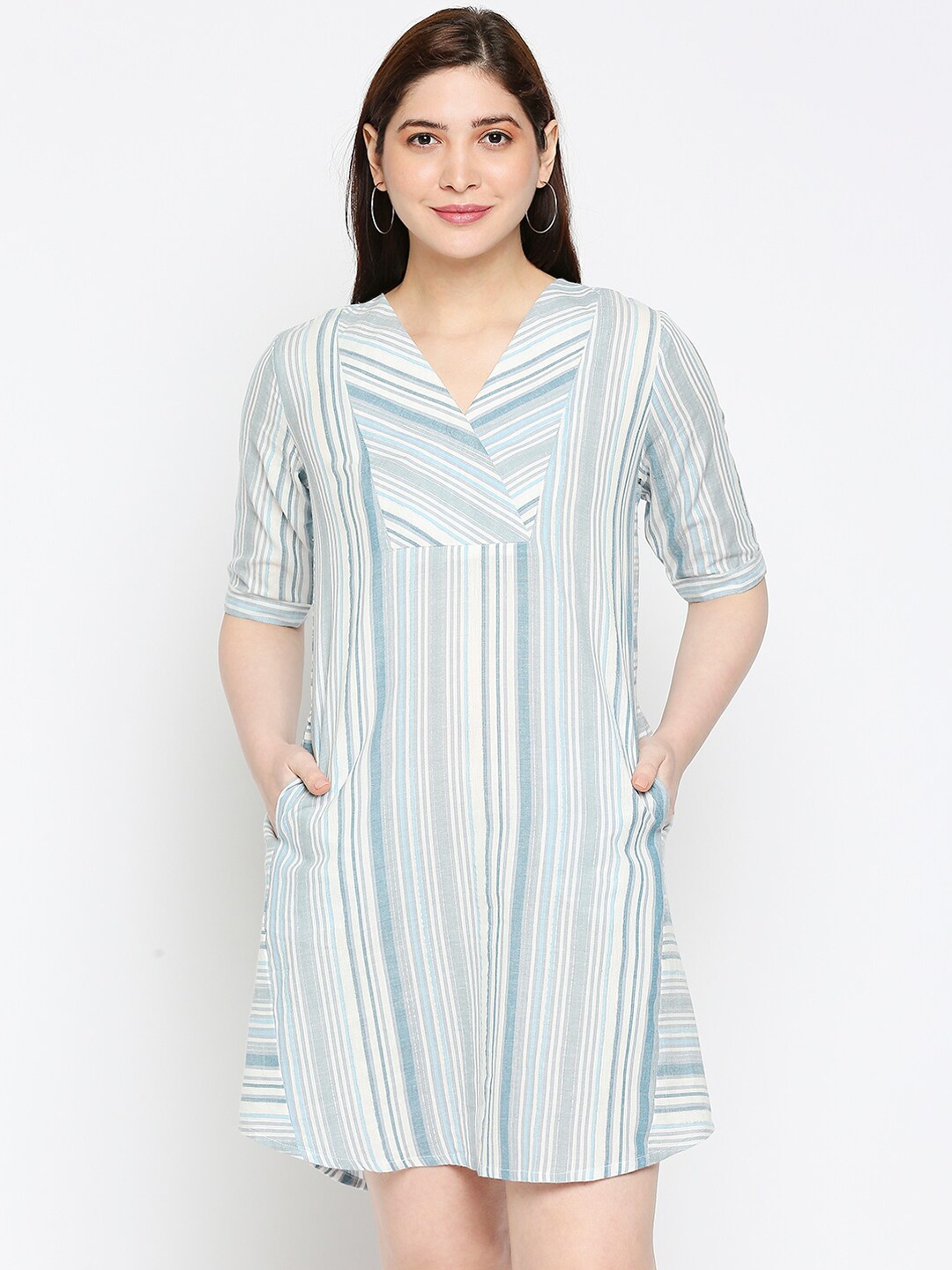 

Kuber Studio Blue & White Striped A-Line Cotton Dress