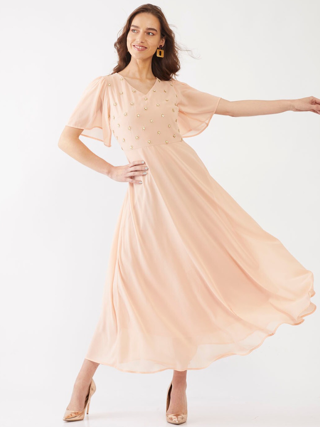 

Zink London Peach-Coloured Embellished Flared Sleeves Maxi Dress