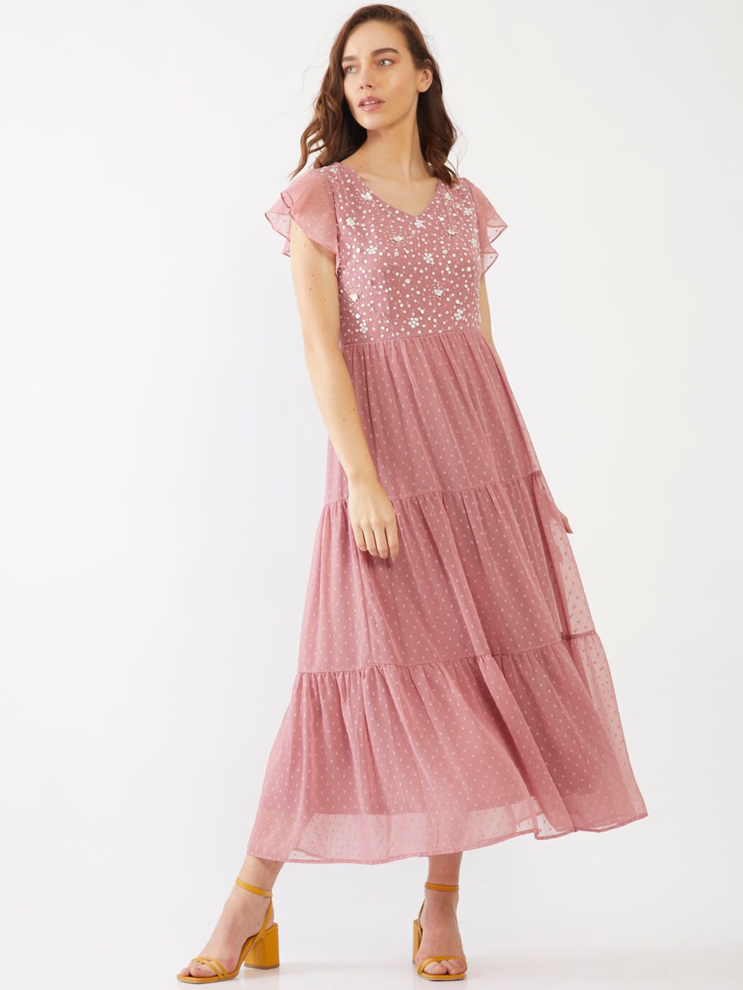 

Zink London Peach-Coloured Embellished Tiered Maxi Dress