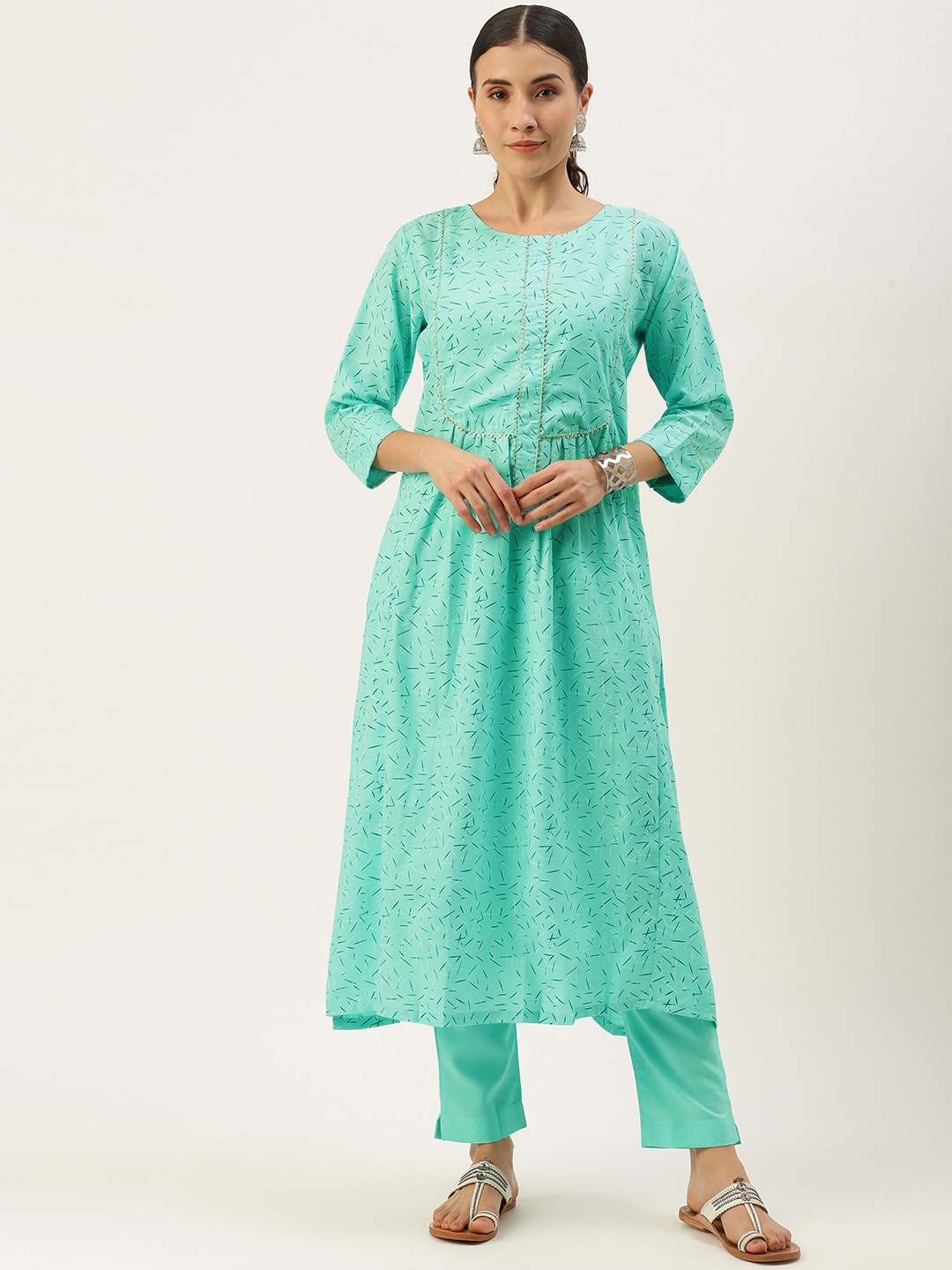 

Minora Women Sea Green Printed Pleated Gotta Patti Kurta with Palazzos