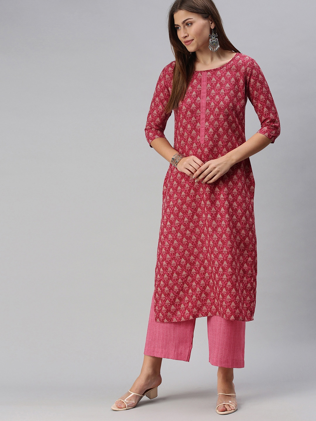 

SheWill Women Pink Printed Regular Kurta with Palazzos