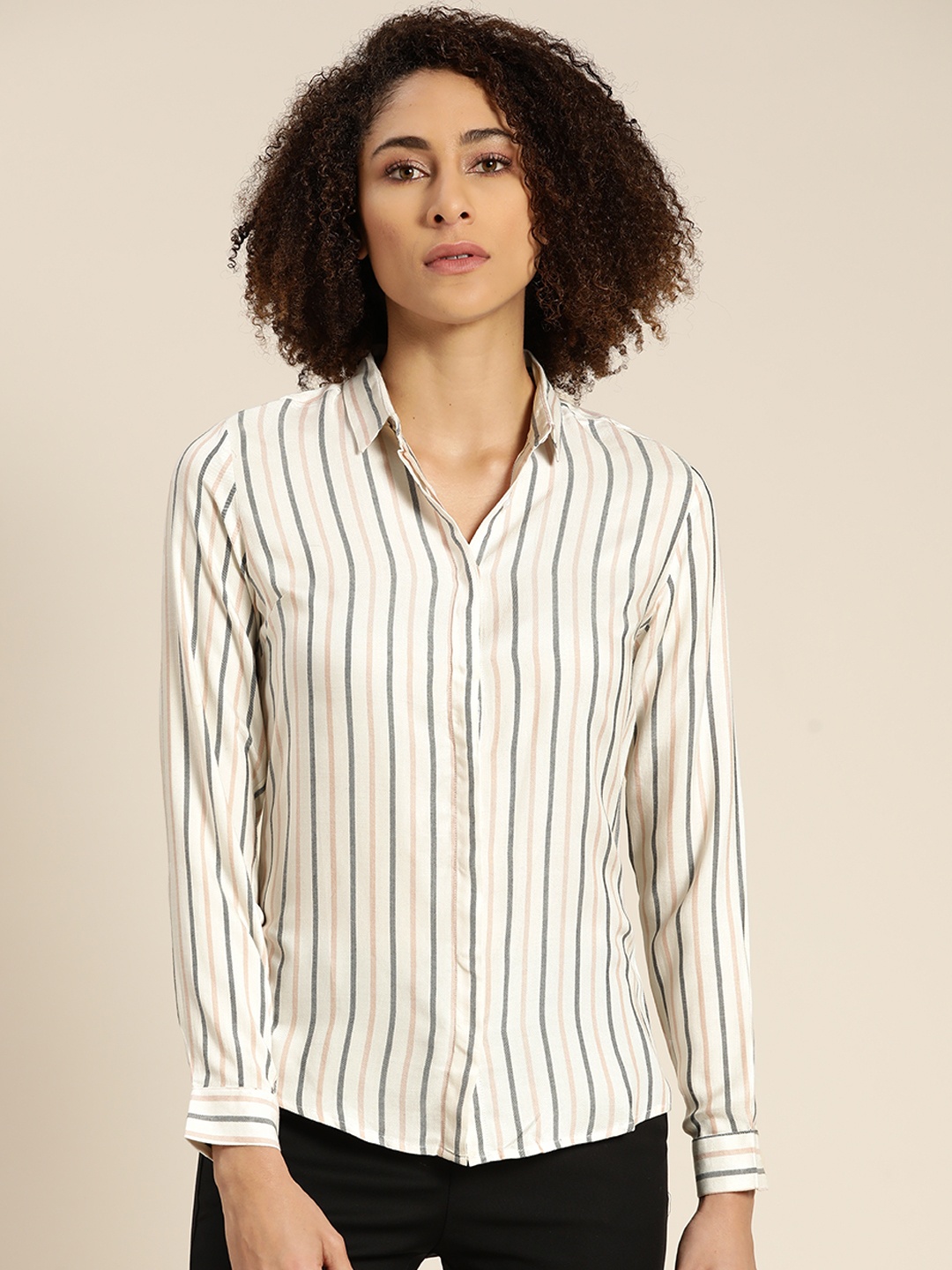 

Hancock Women White Slim Fit Opaque Striped Formal Shirt