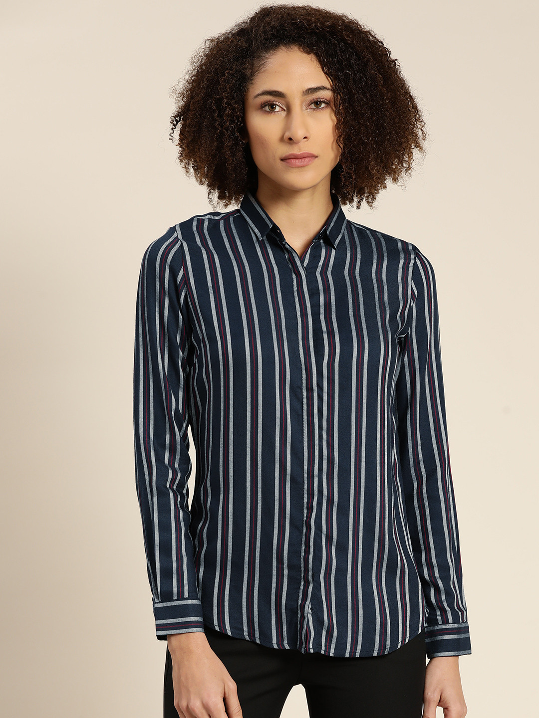 

Hancock Women Navy Blue Slim Fit Opaque Striped Formal Shirt