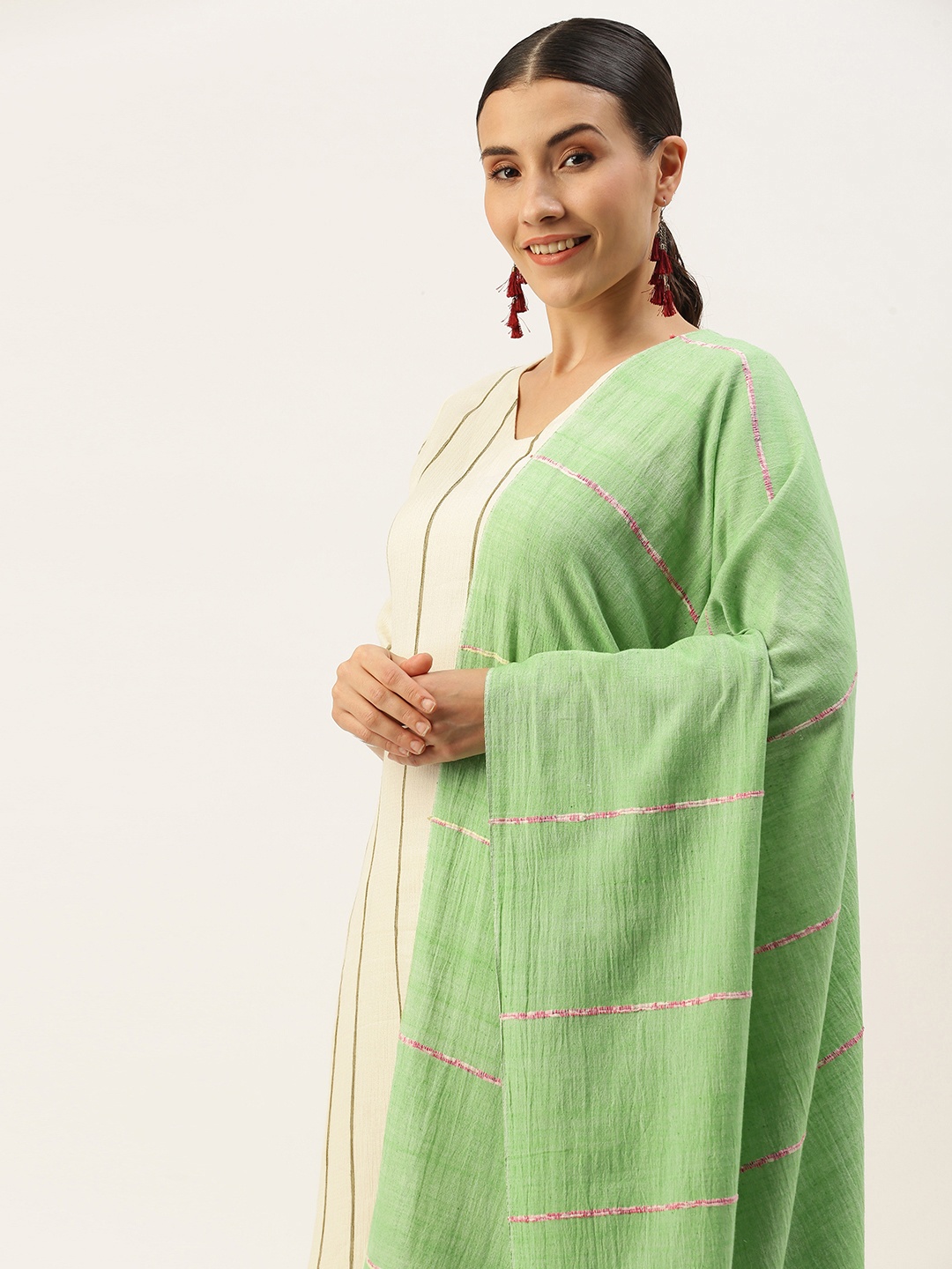 

ArtEastri Green Striped Pure Cotton Kantha Work Dupatta
