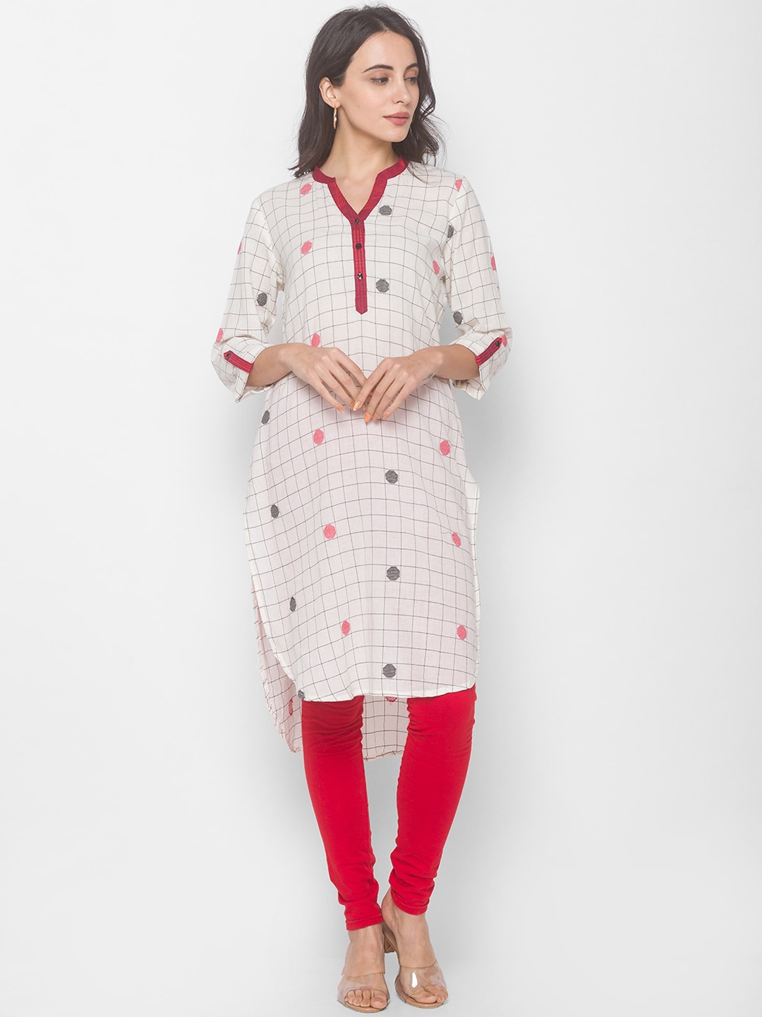

Globus Women White & Red Checked Cotton Kurta